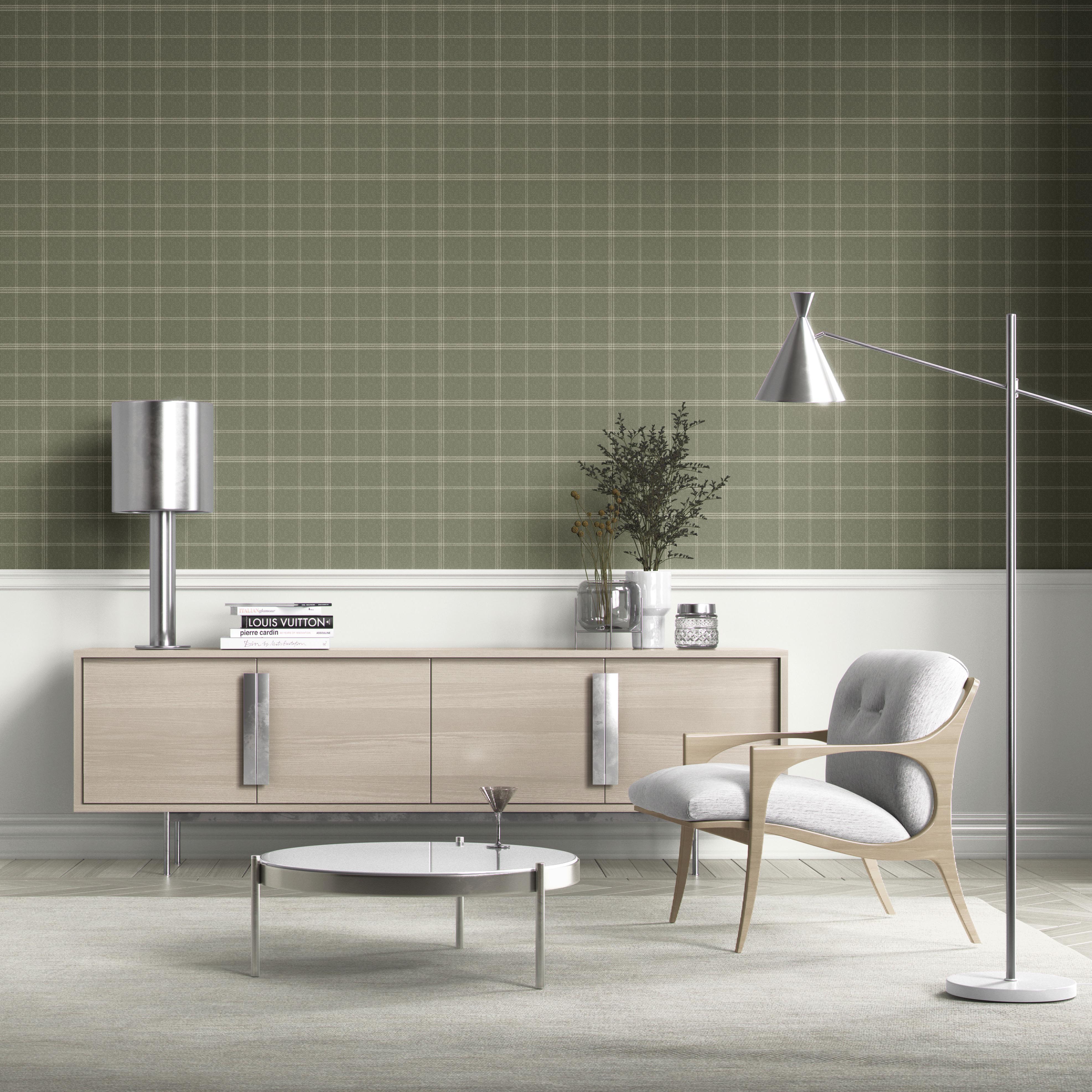 Geometric Plaid Checkered Kitchen Wallpaper Sample (Olive Green)