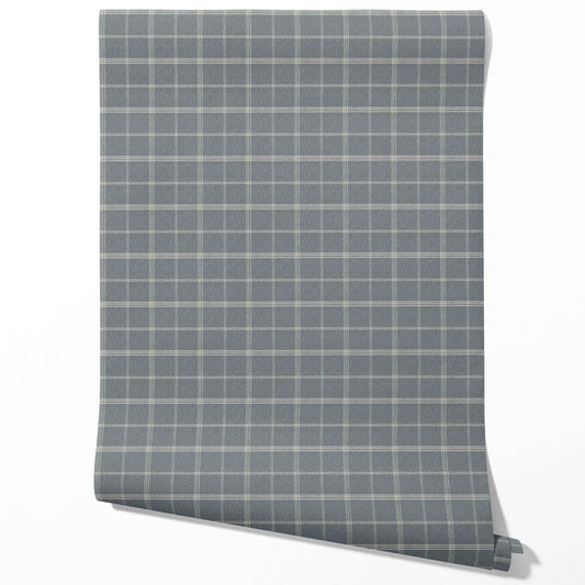 Neutral Geometric Plaid Checkered Traditional Wallpaper (Slate Blue)