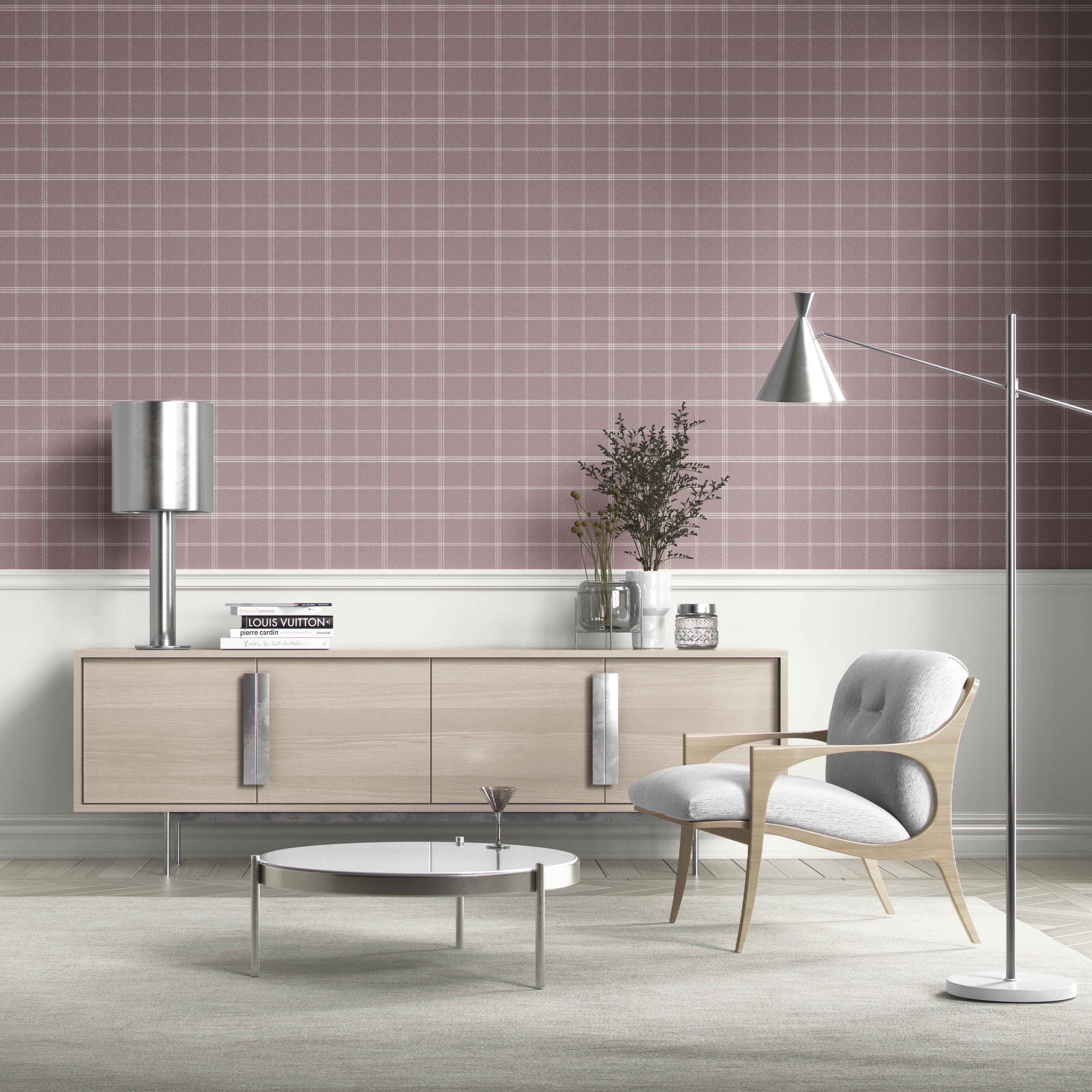 Geometric Plaid Checkered Kitchen Wallpaper (Mauve/ Muted Pink)
