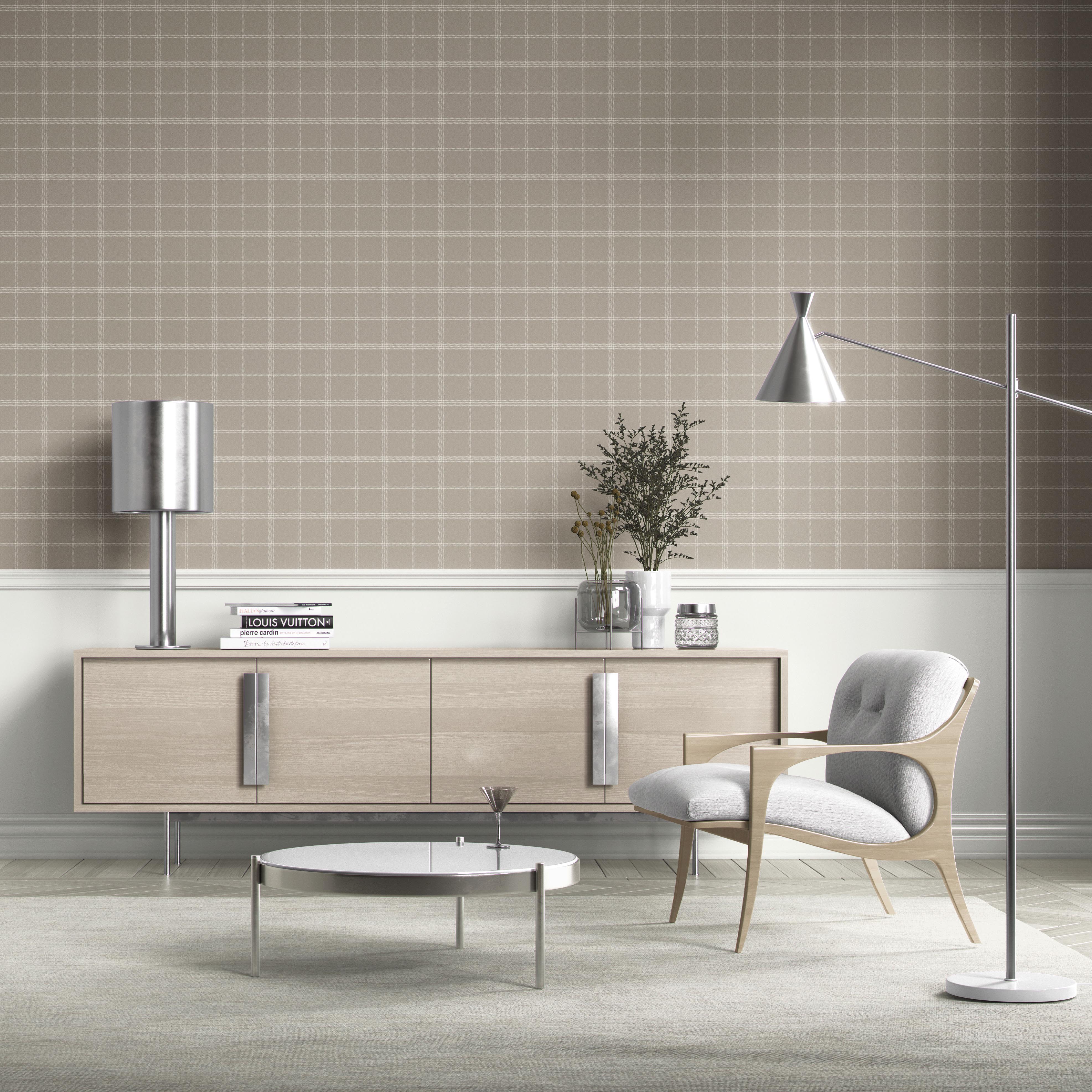 Neutral Geometric Plaid Checkered Kitchen Wallpaper Sample (Beige/ Warm Gray/ Greige/ Taupe)