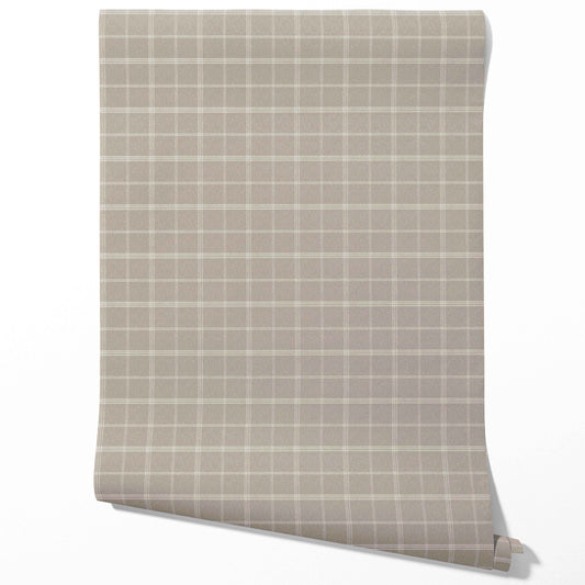 Neutral Geometric Plaid Checkered Traditional Wallpaper (Beige/ Warm Gray/ Greige/ Taupe)