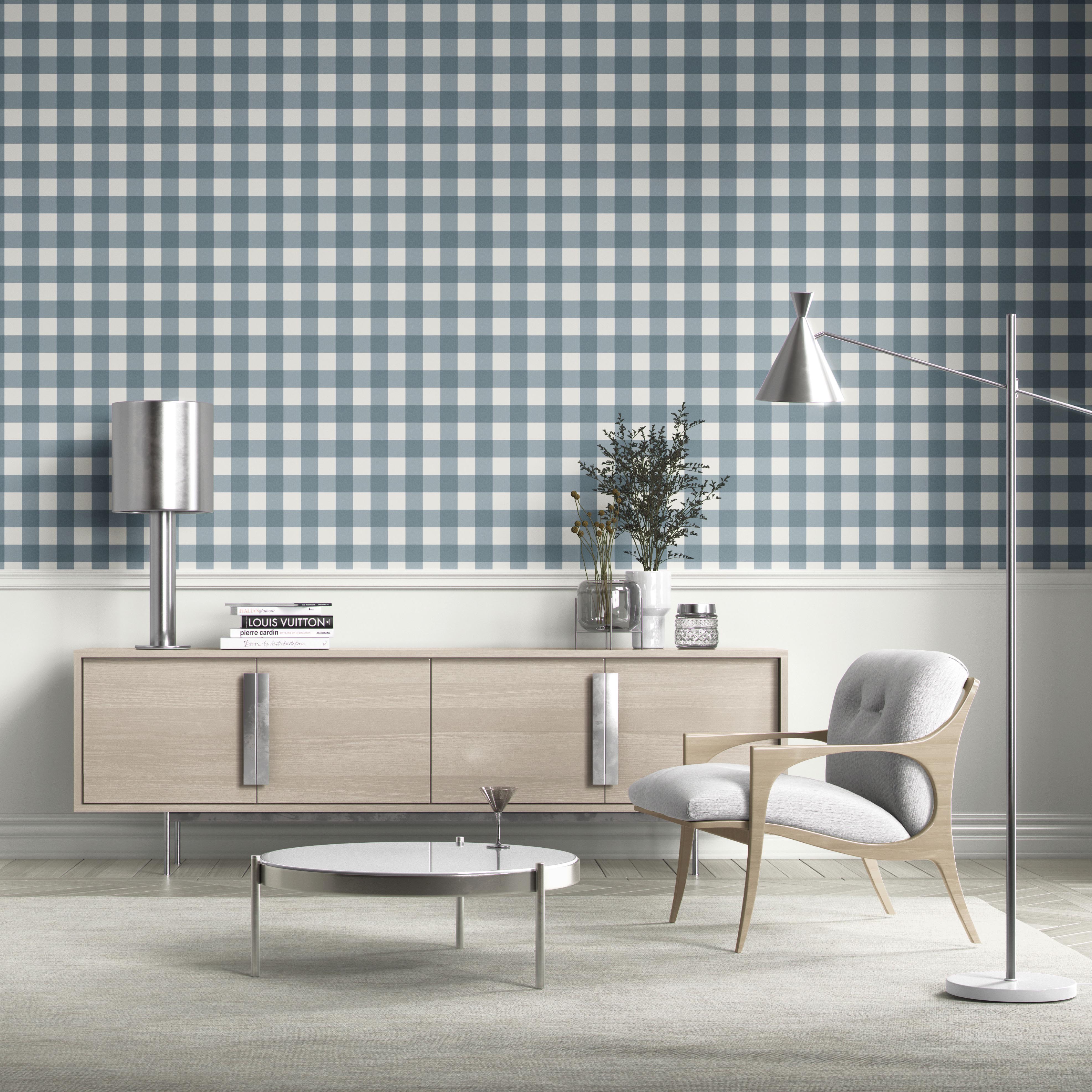 Geometric Gingham Checkered Bathroom Wallpaper (Navy Blue)