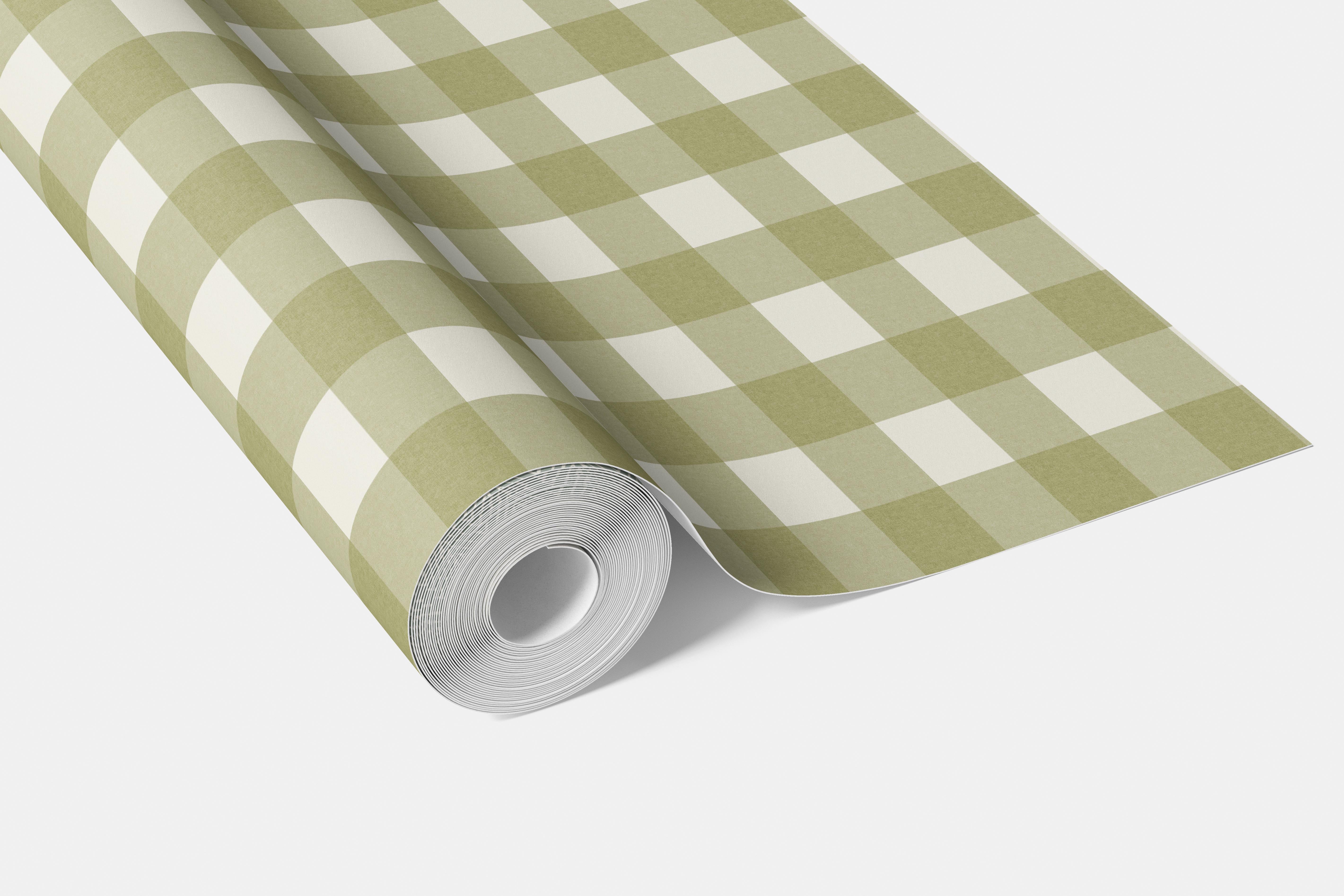 Geometric Gingham Checkered Living Room Wallpaper Sample (Olive Green)
