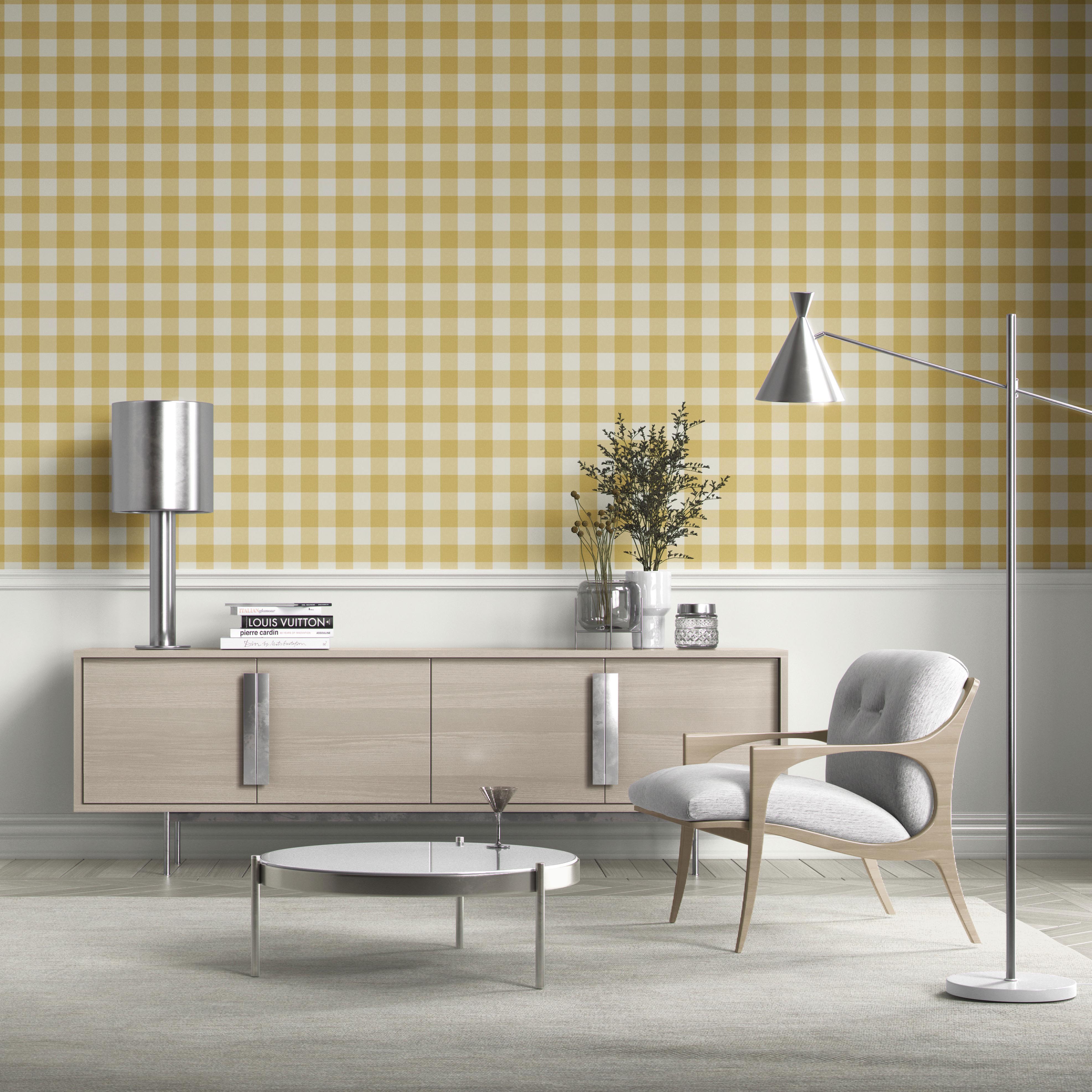 Geometric Gingham Checkered Bathroom Wallpaper Sample (Naples Yellow)