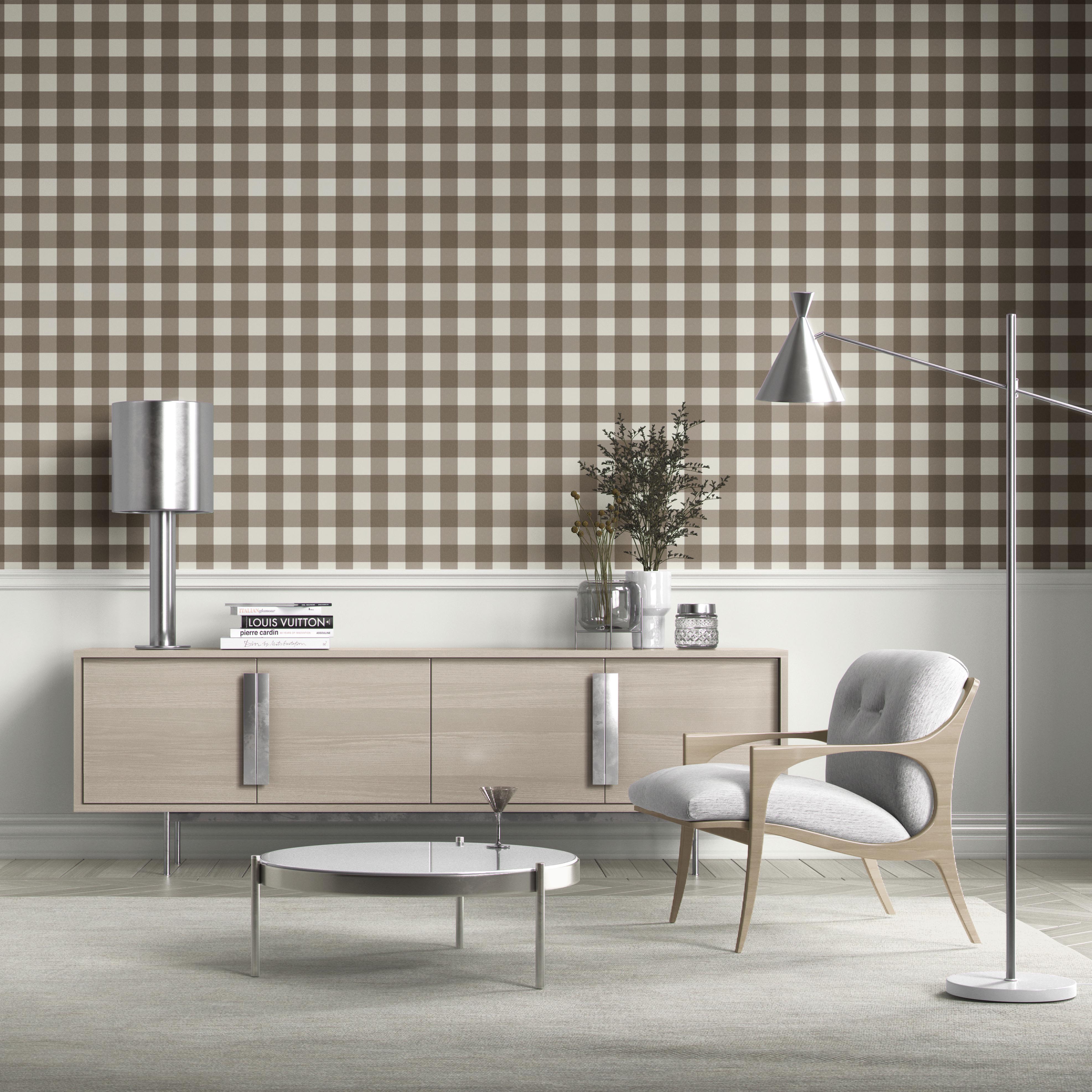 Neutral Geometric Gingham Checkered Bathroom Wallpaper Sample (Taupe Brown)