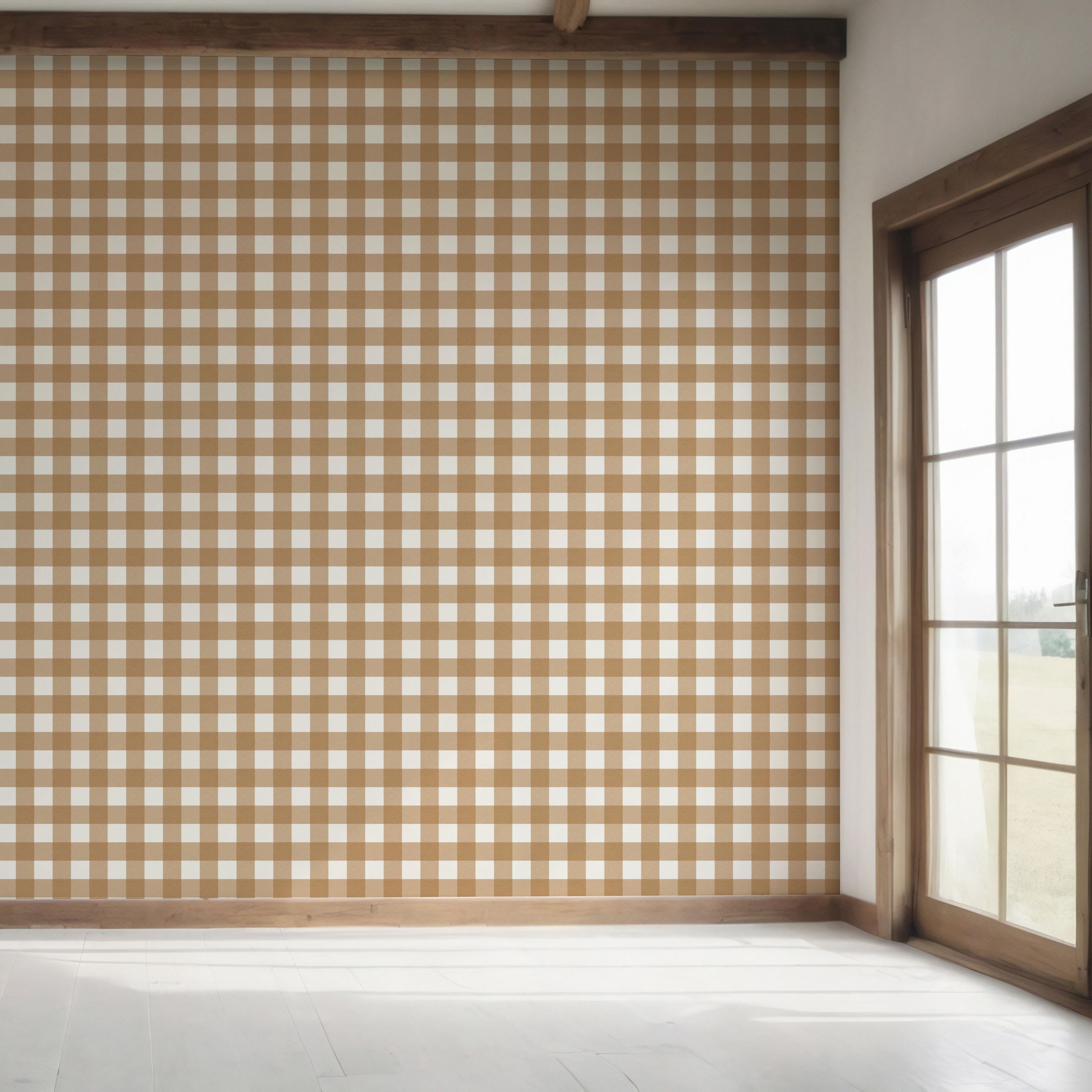 Geometric Gingham Checkered Bedroom Wallpaper Sample (Ochre Orange)