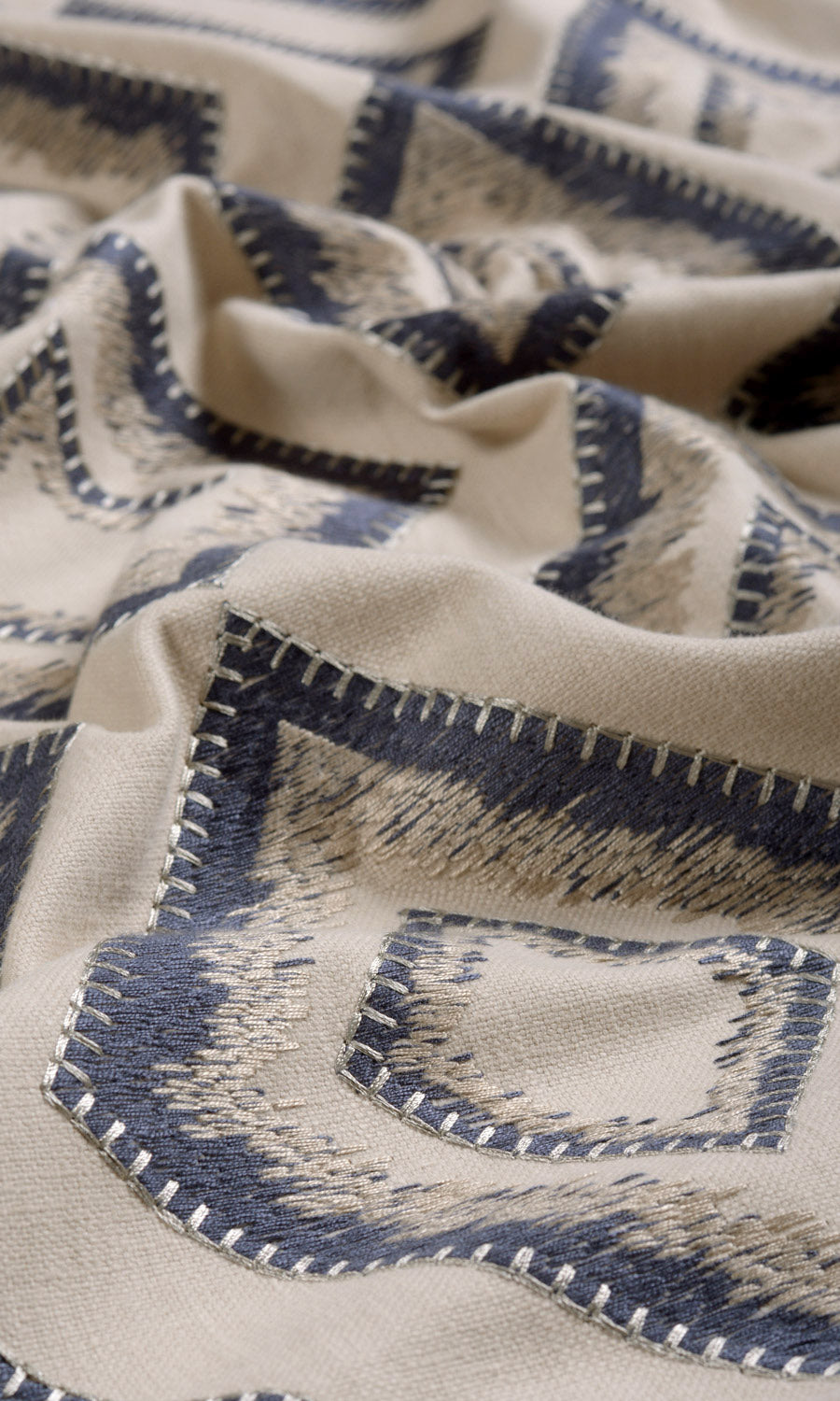 Embroidered Fabric By the Metre for Curtains & Drapes (Oyster Beige/ Navy Blue)