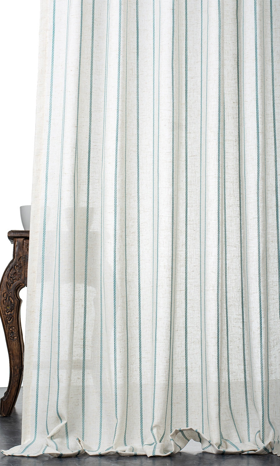 Striped Sheer Window Treatments Fabric By the Metre (White/ Turquoise Blue)