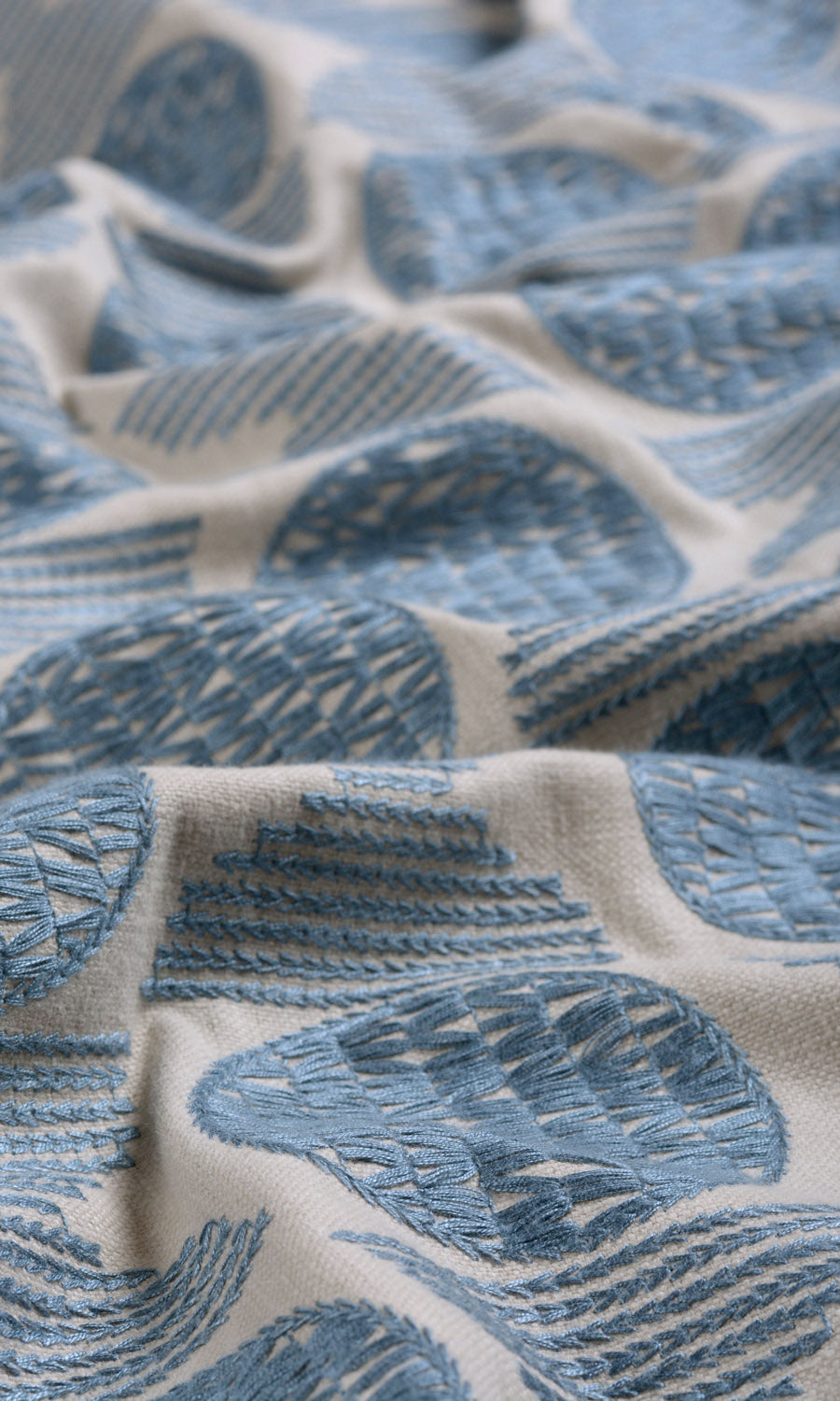 Embroidered Cotton Fabric Sample for Curtains & Drapes (Beige/ Steel Blue)