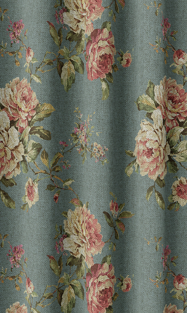 Floral Country Home Textile Fabric Material By the Metre (Blue & Pink)