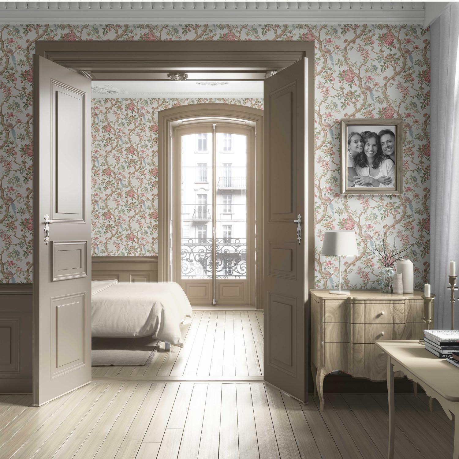 Floral/ Bird Print Chinoiserie Living Room Wallpaper (Pink/ Green/ Duck Egg Blue)