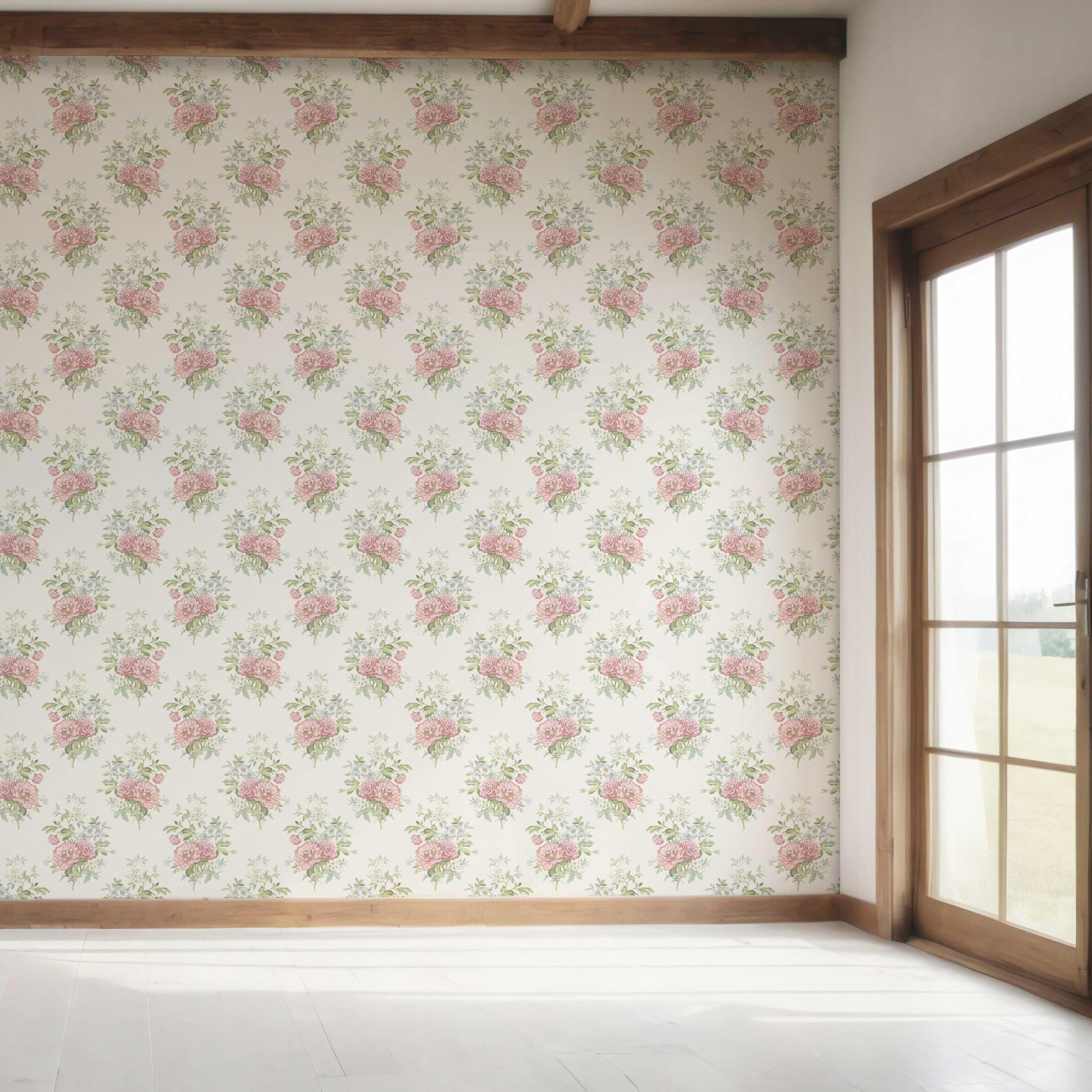 Floral Block Print Bedroom Wallpaper Sample (Cream/ Soft Pink/ Green/ Duck Egg Blue)