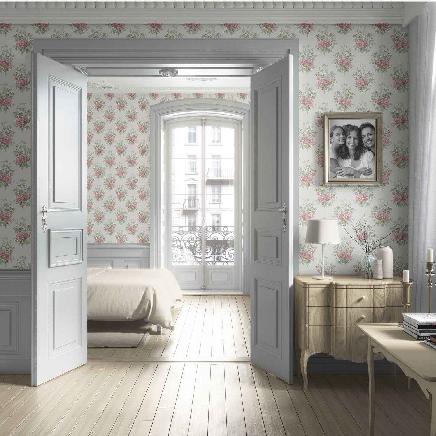 Floral Block Print Living Room Wallpaper Sample (Cream/ Soft Pink/ Green/ Duck Egg Blue)