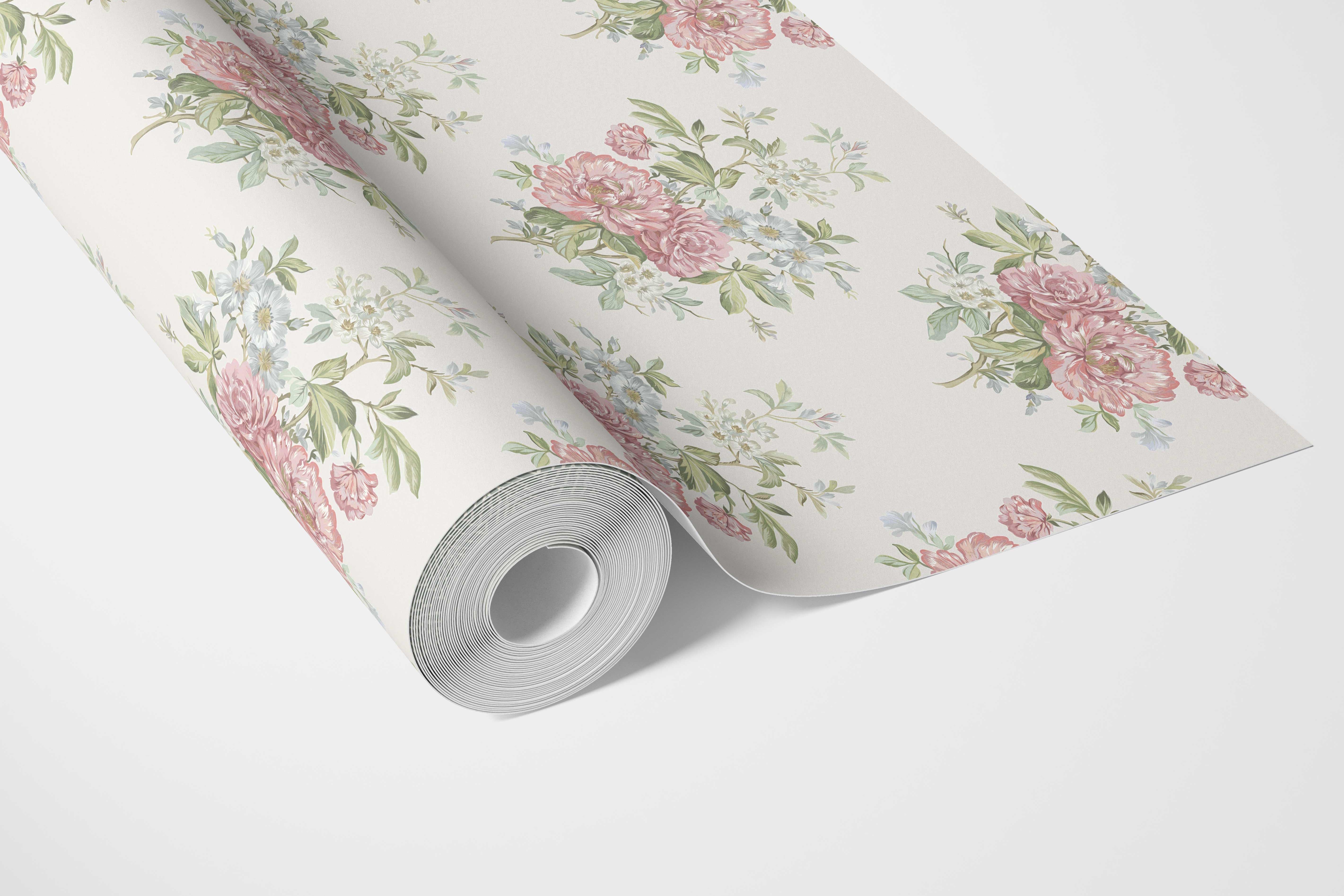 Floral Block Print Bathroom Wallpaper Sample (Cream/ Soft Pink/ Green/ Duck Egg Blue)