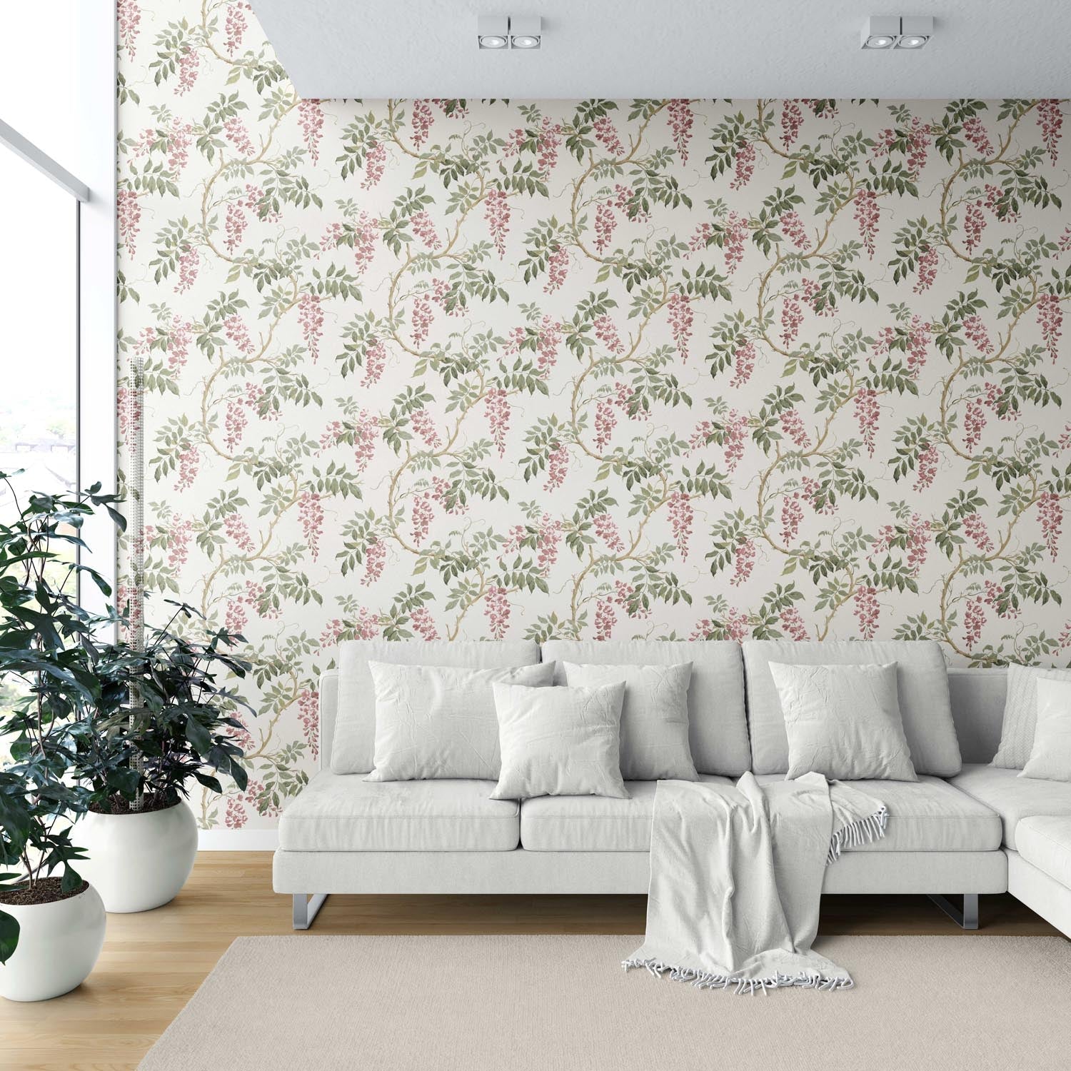 Floral Vine/ Botanical Patterned Shower Toilet Wallpaper Sample (Cream/ Pink/ Green)