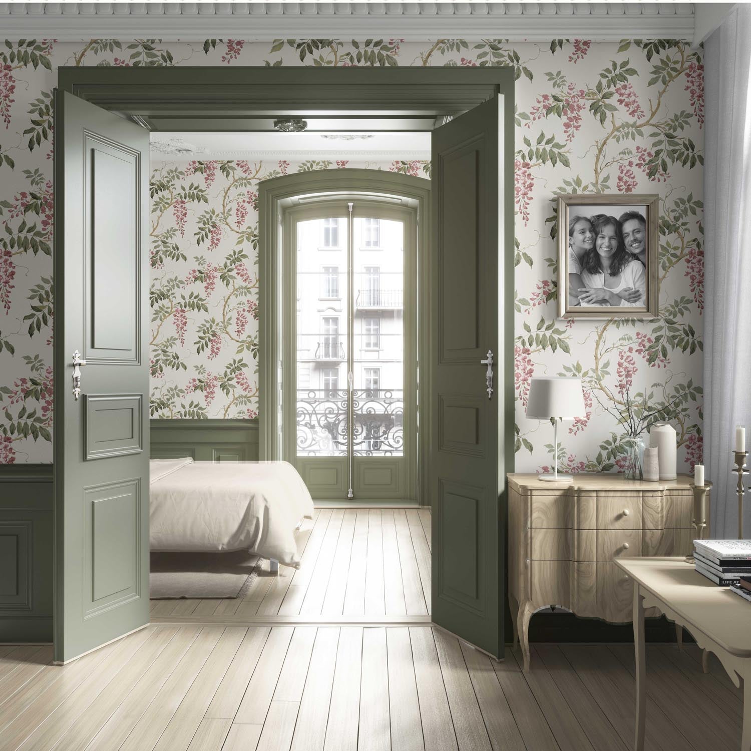 Floral Vine/ Botanical Patterned Living Room Wallpaper Sample (Cream/ Pink/ Green)