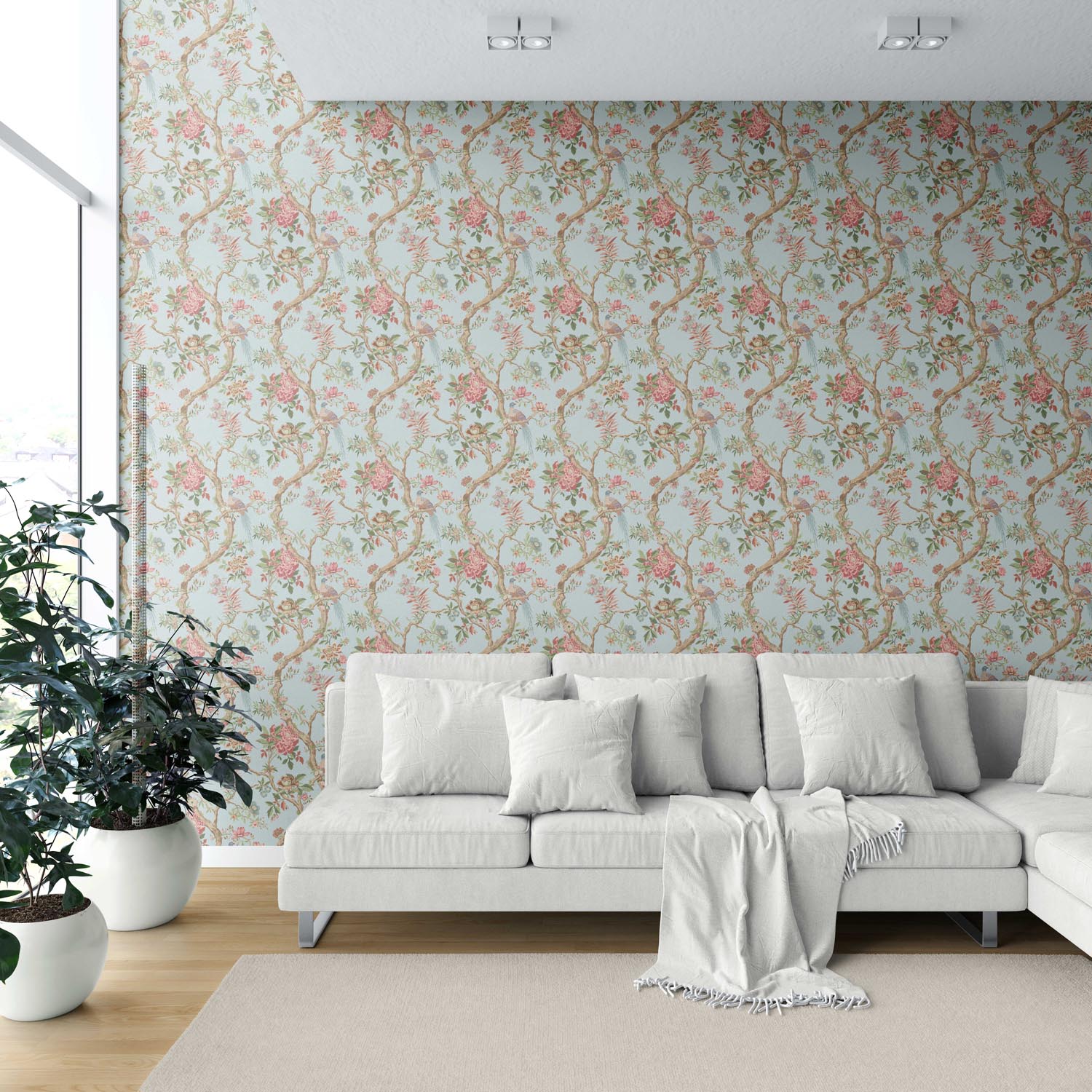 Floral/ Bird Print Chinoiserie Shower Toilet Wallpaper (Blue/ Coral Pink/ Green)