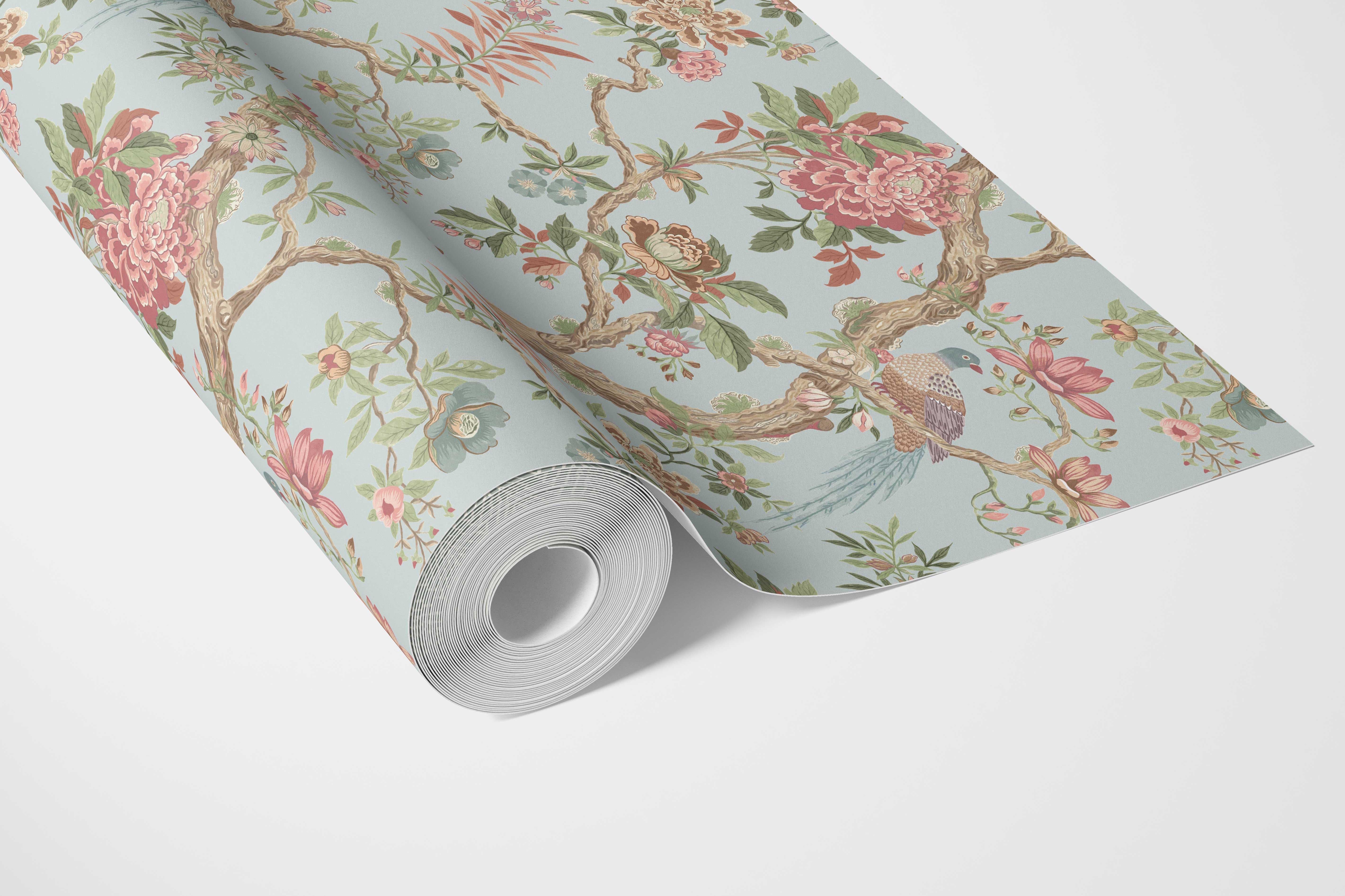 Floral/ Bird Print Chinoiserie Bathroom Wallpaper (Blue/ Coral Pink/ Green)