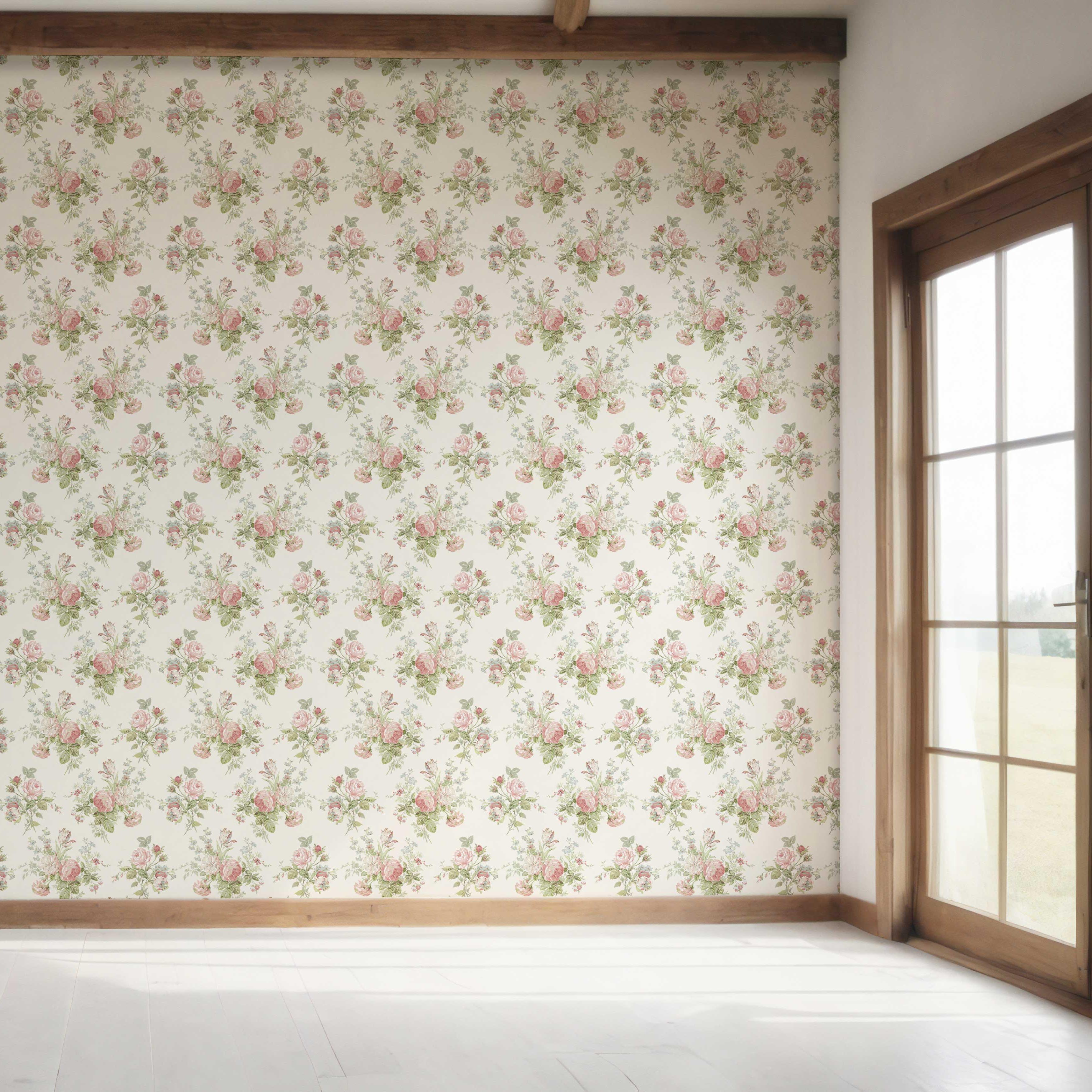 Patterned Floral Block Print Bedroom Wallpaper Sample (Cream/ Soft Pink/ Green/ Blue)