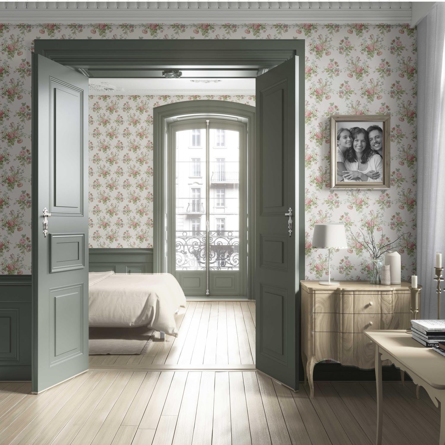 Patterned Floral Block Print Living Room Wallpaper Sample (Cream/ Soft Pink/ Green/ Blue)