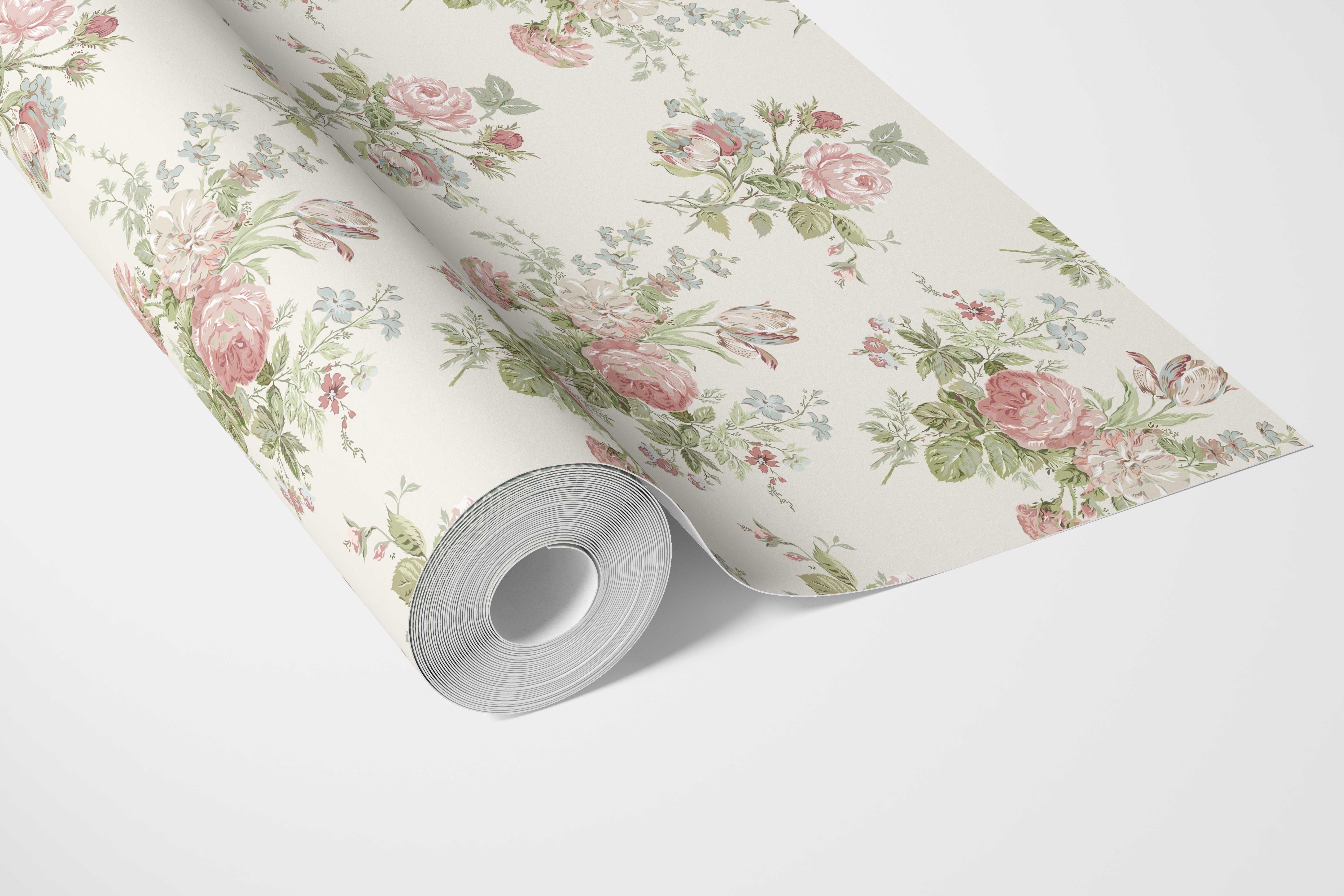Patterned Floral Block Print Bathroom Wallpaper Sample (Cream/ Soft Pink/ Green/ Blue)