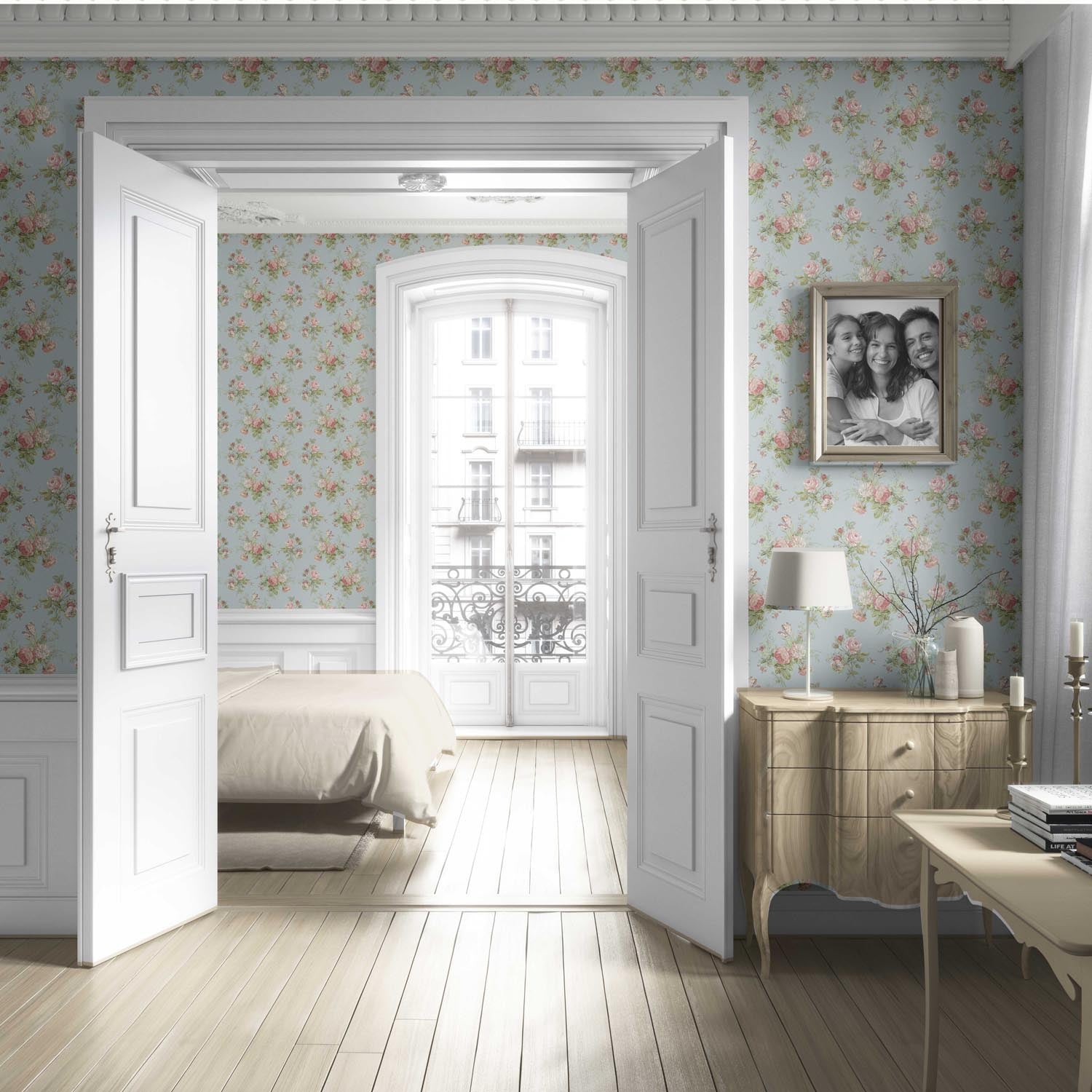 Patterned Floral Block Print Living Room Wallpaper Sample (Blue/ Pink/ Green)
