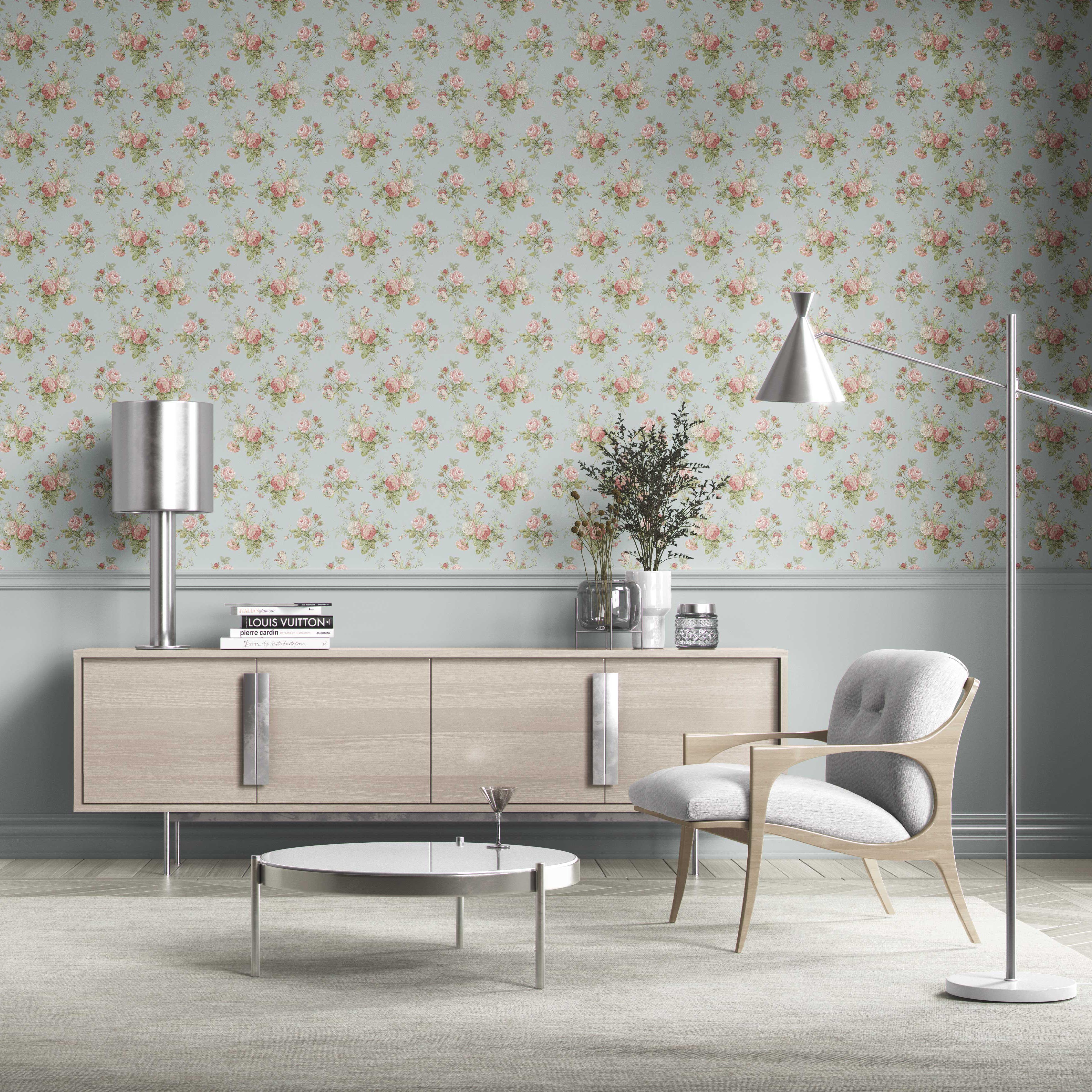 Patterned Floral Block Print Kitchen Wallpaper Sample (Blue/ Pink/ Green)