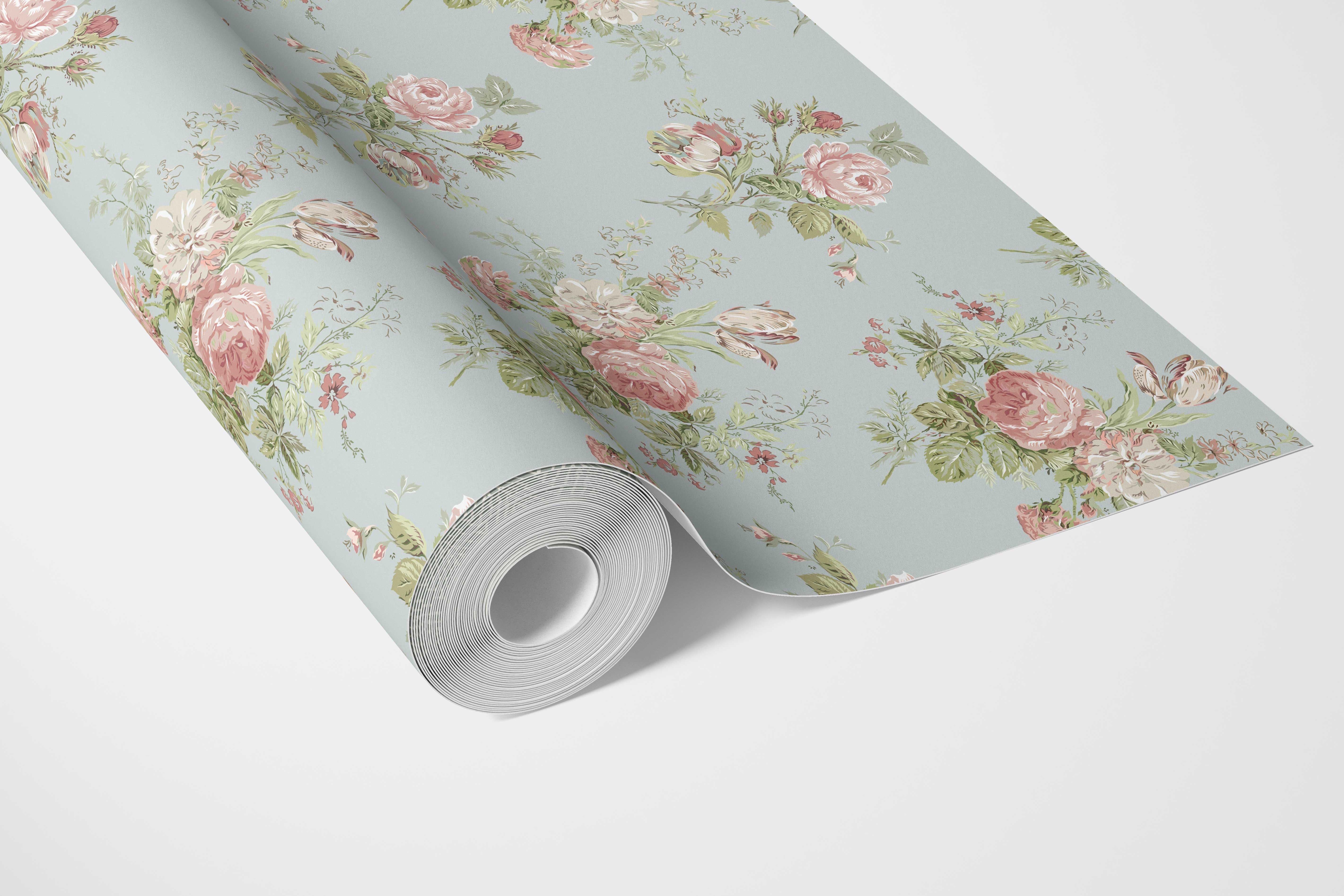 Patterned Floral Block Print Bathroom Wallpaper Sample (Blue/ Pink/ Green)