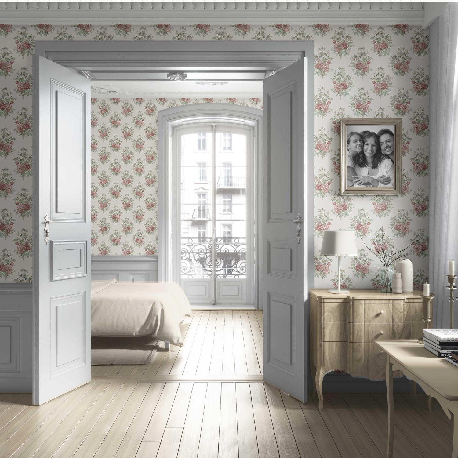 Floral Block Print Living Room Wallpaper Sample (Cream/ Red/ Leaf Green)
