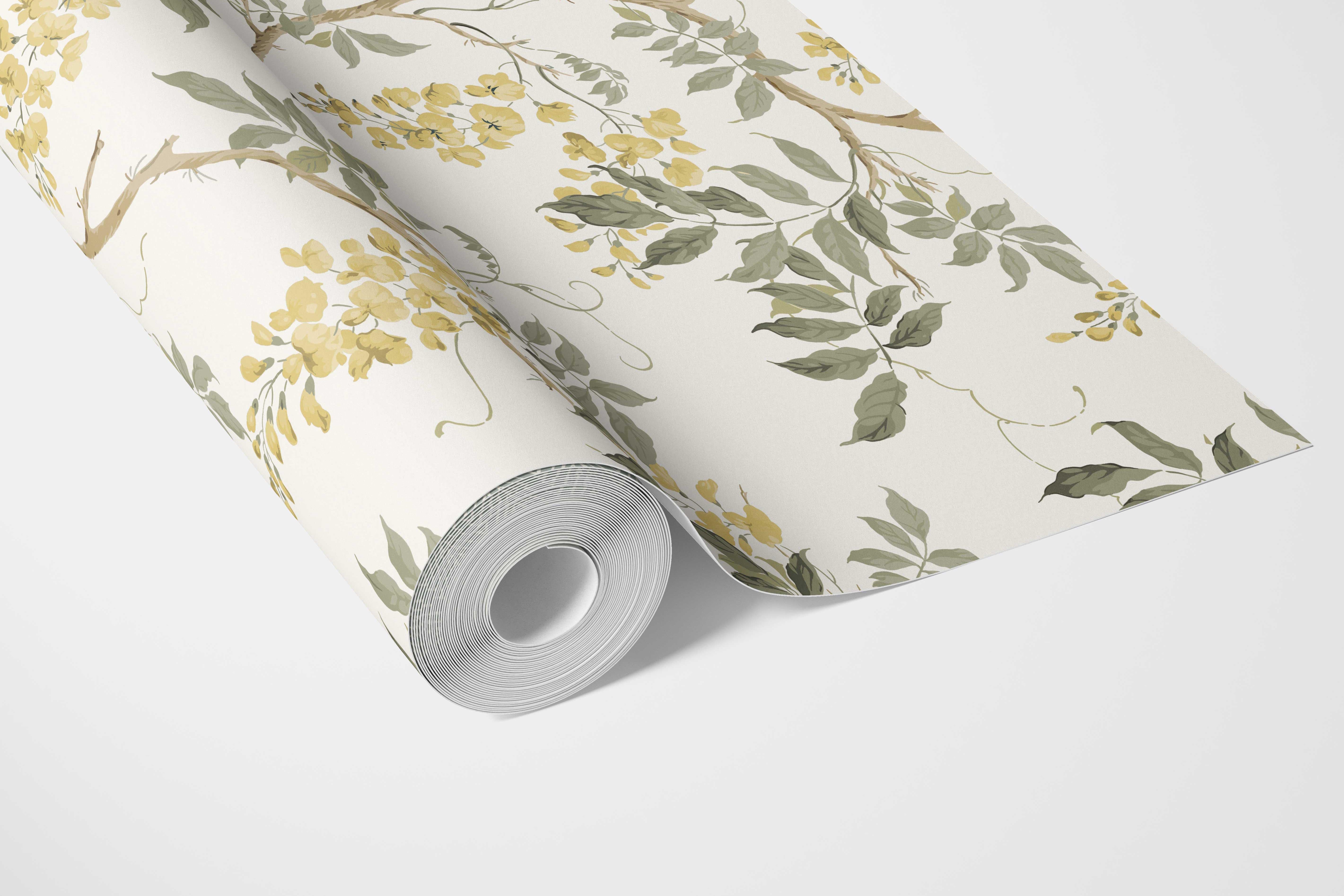 Floral Vine/ Botanical Patterned Bathroom Wallpaper Sample (Cream/ Yellow/ Green)