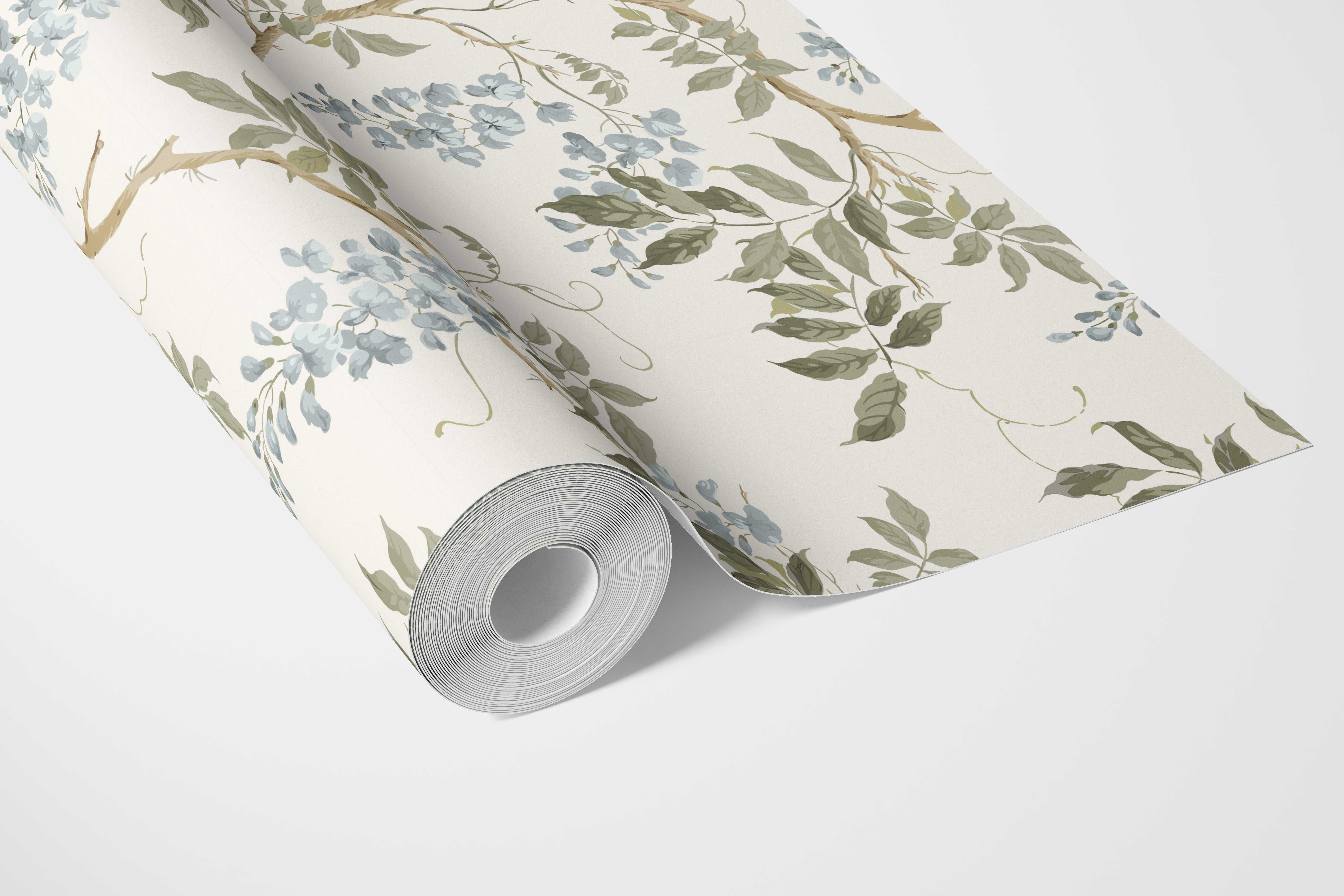 Floral Vine/ Botanical Patterned Bathroom Wallpaper (Cream/ Duck Egg Blue/ Green)