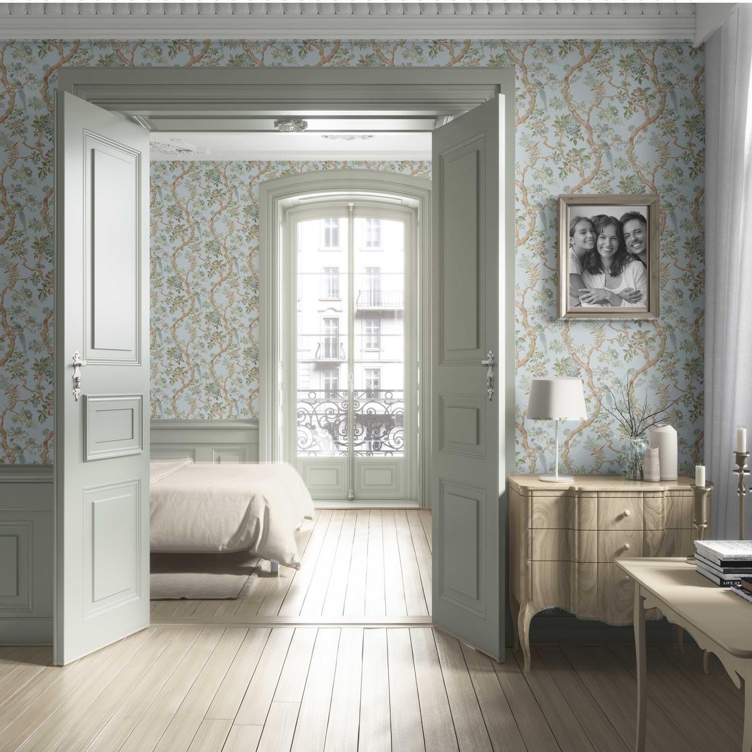 Floral/ Bird Print Chinoiserie Living Room Wallpaper (Duck Egg Blue/ Green/ Brown)