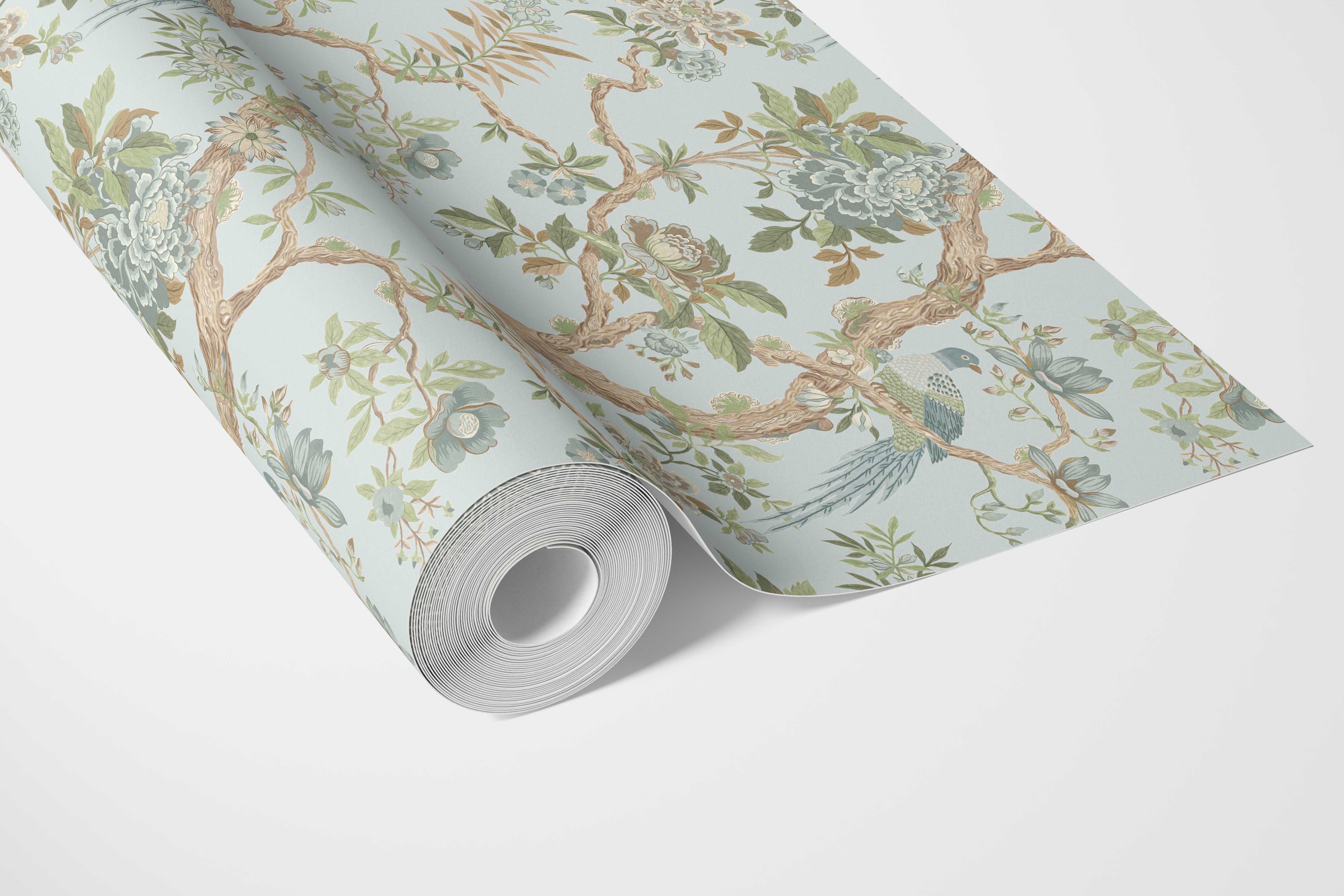 Floral/ Bird Print Chinoiserie Bathroom Wallpaper (Duck Egg Blue/ Green/ Brown)
