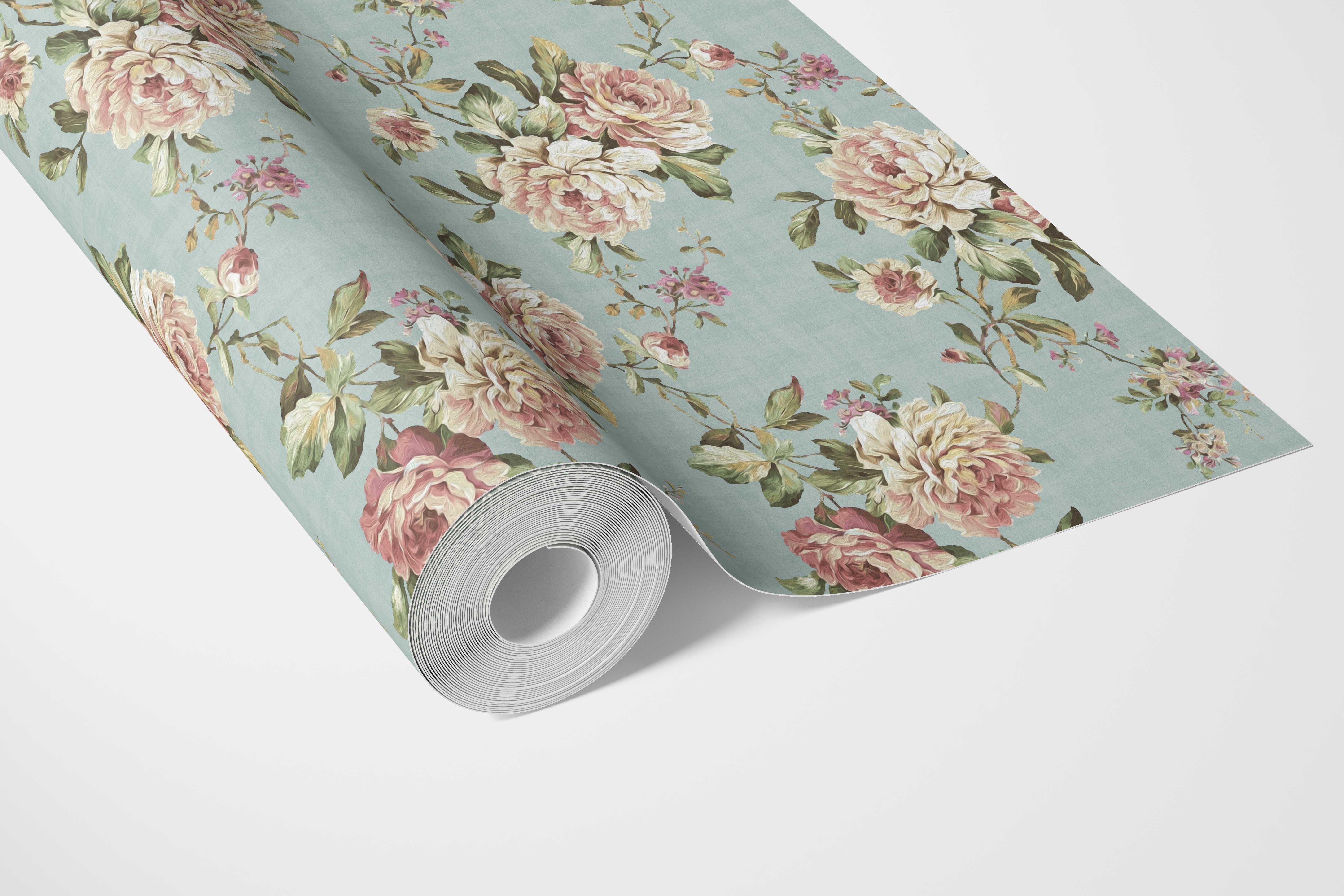 English Floral Patterned Bathroom Wallpaper Sample (Blue/ Pink/ Green)