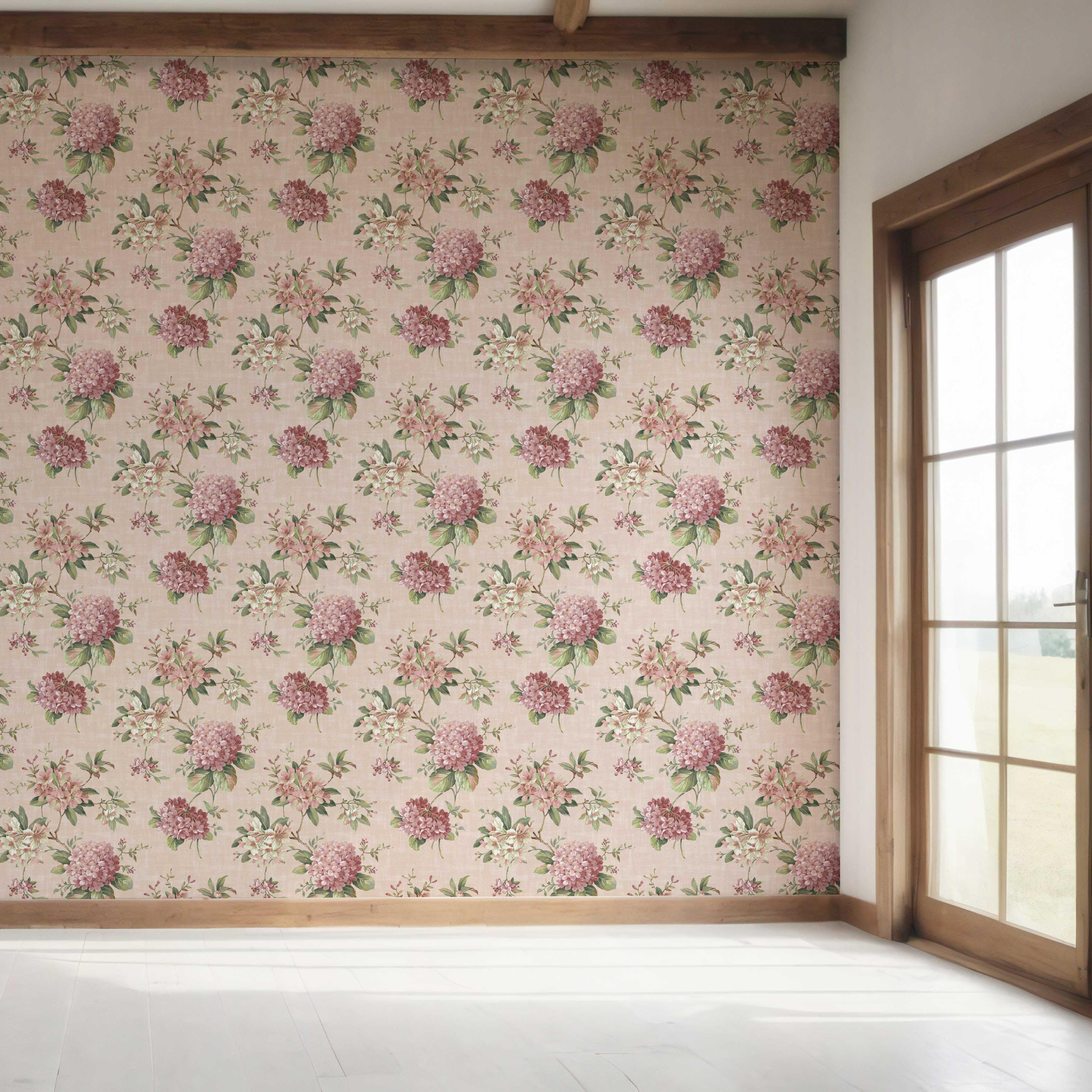 Modern Floral Block Print Bedroom Wallpaper Sample (Pink/ Green)