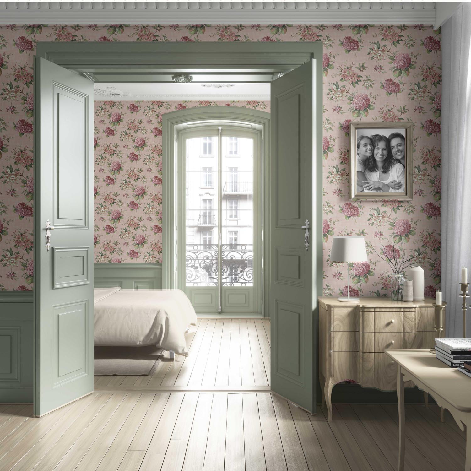 Modern Floral Block Print Living Room Wallpaper Sample (Pink/ Green)