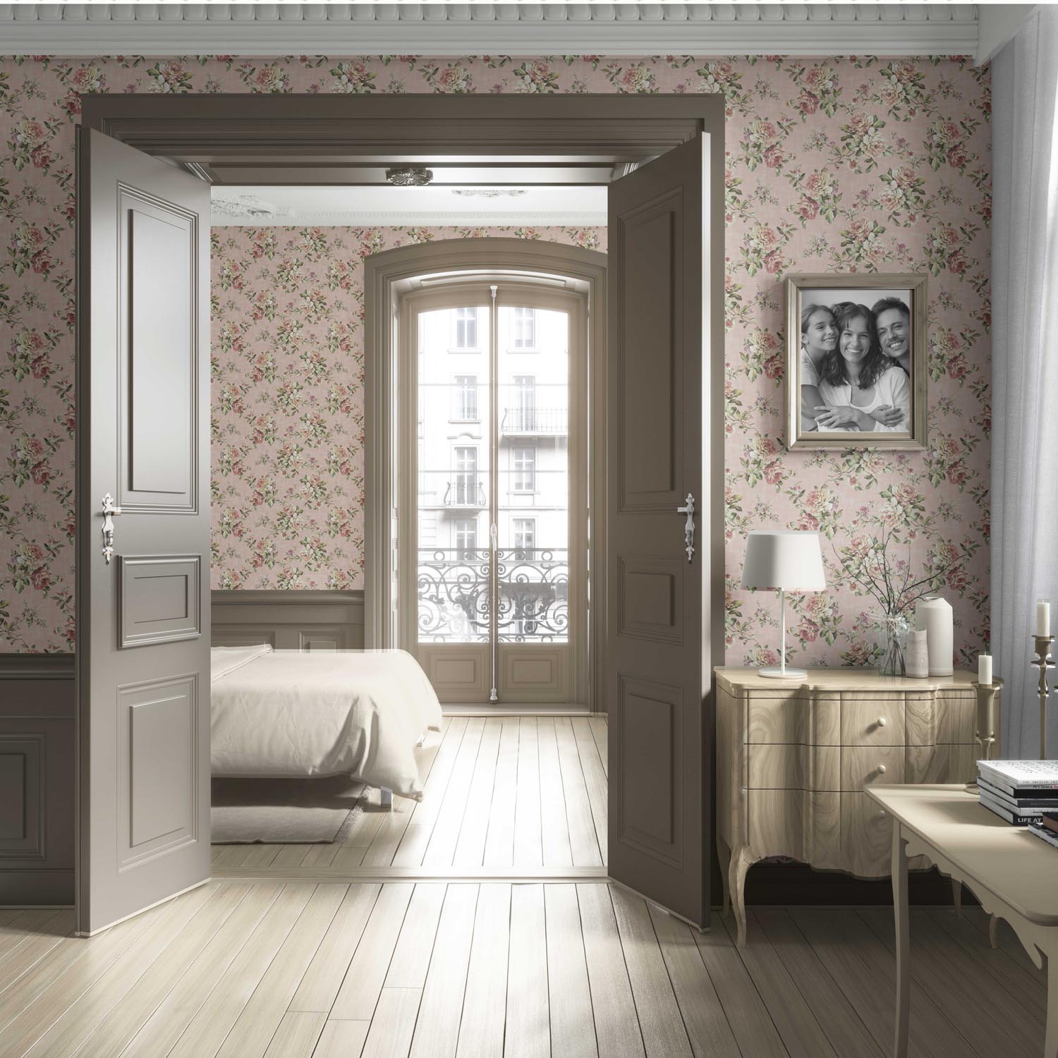 English Floral Patterned Living Room Wallpaper (Dusty Rose Pink/ Green)