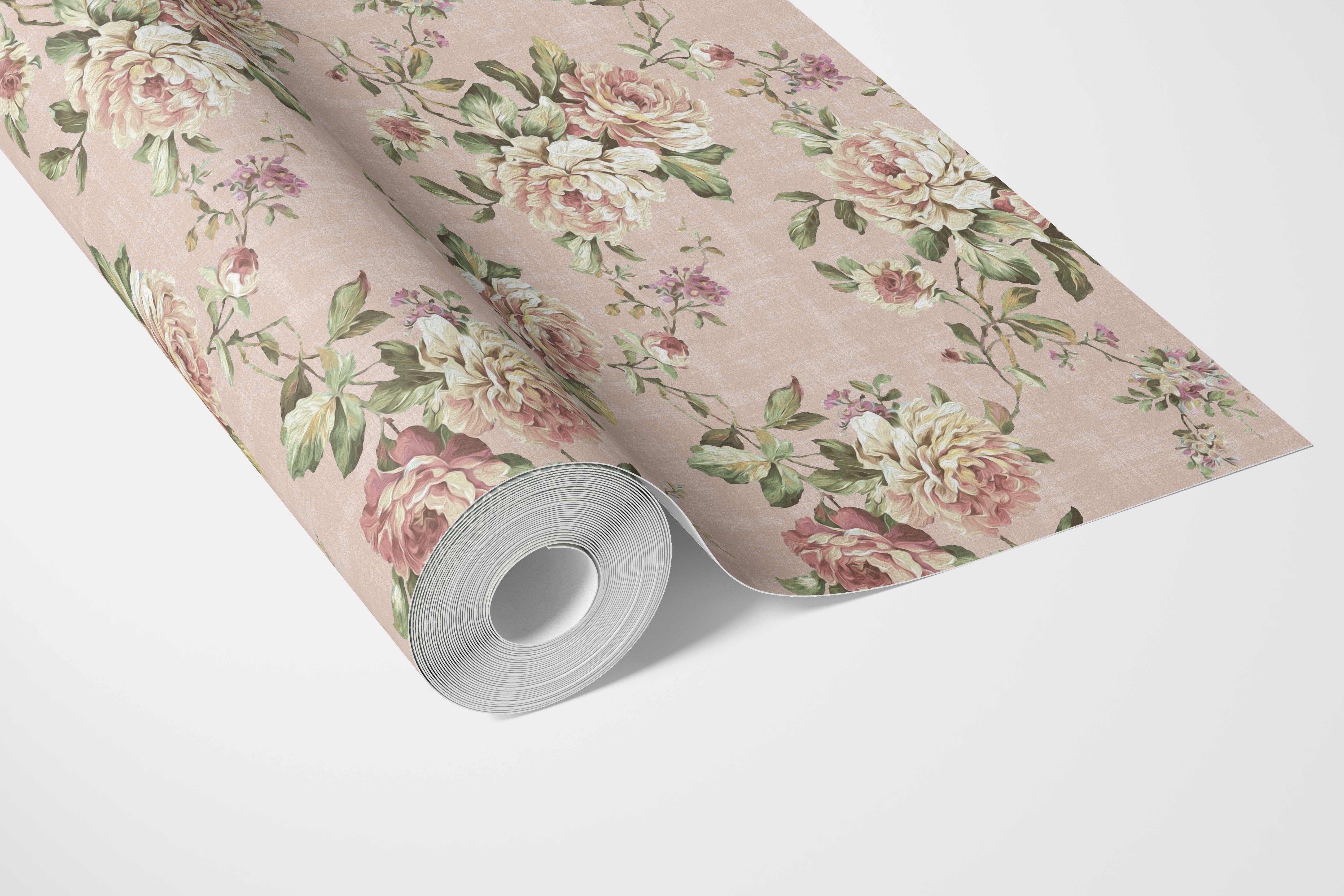 English Floral Patterned Bathroom Wallpaper Sample (Dusty Rose Pink/ Green)