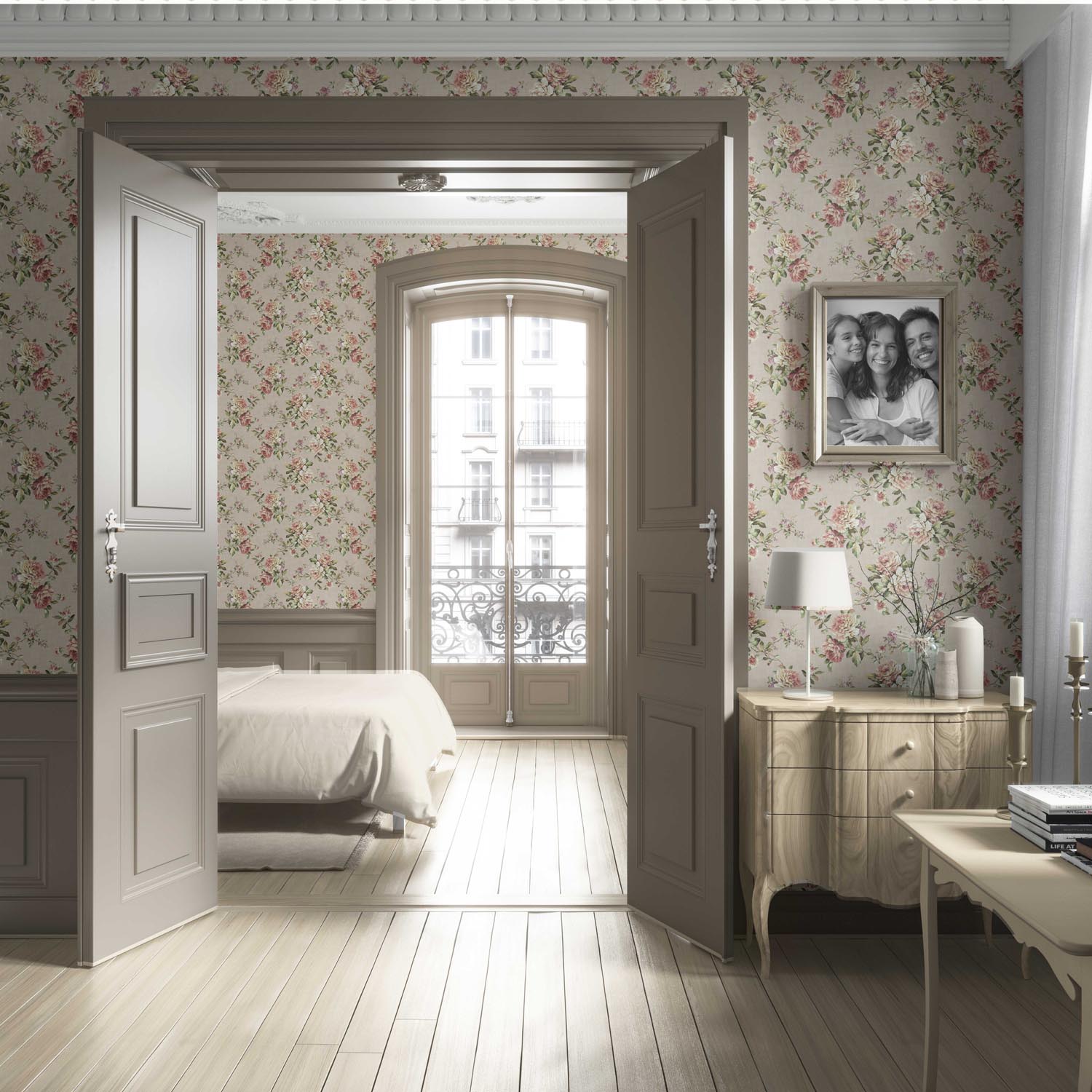 English Floral Patterned Living Room Wallpaper (Beige/ Warm Gray/ Pink/ Green)