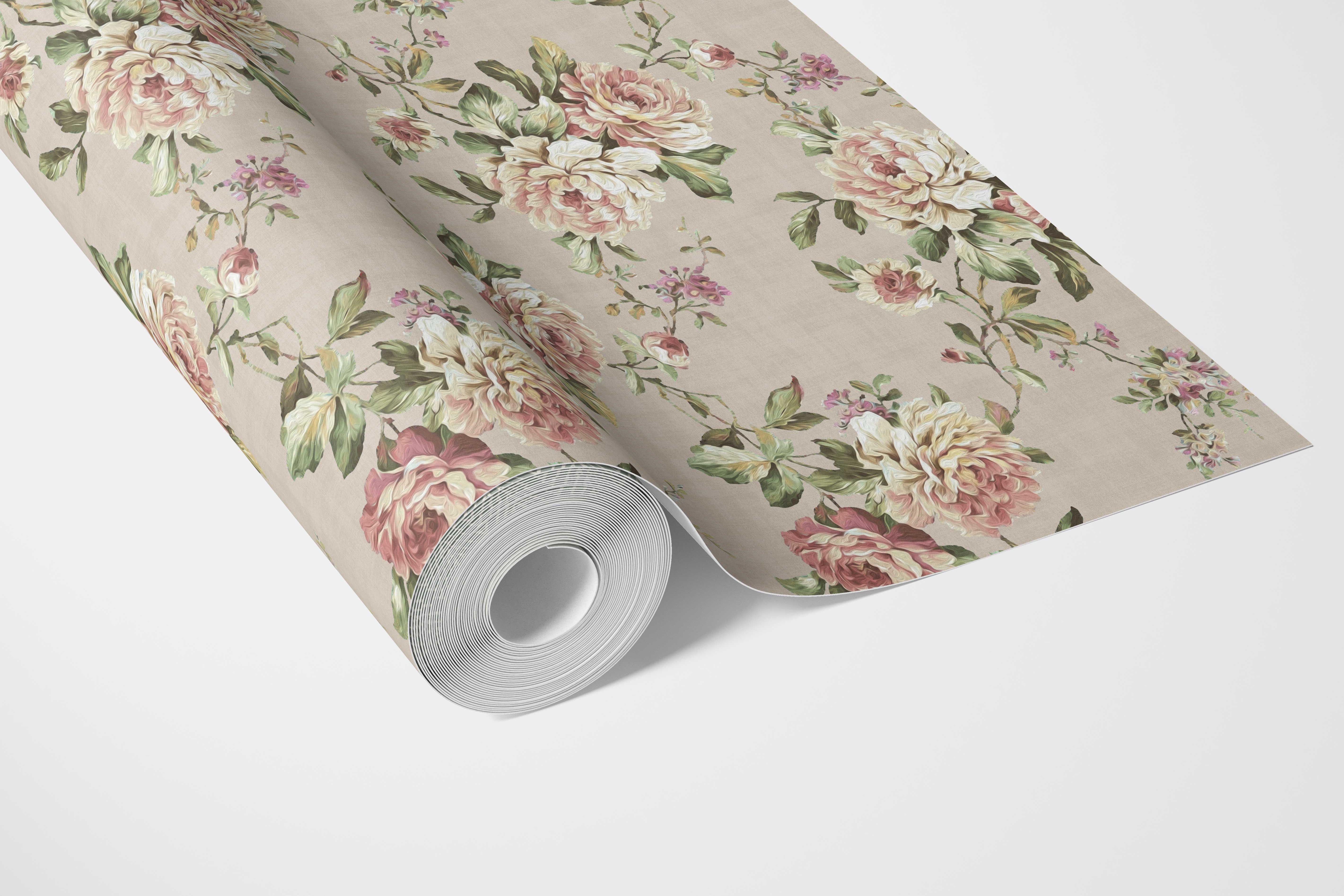 English Floral Patterned Bathroom Wallpaper (Beige/ Warm Gray/ Pink/ Green)