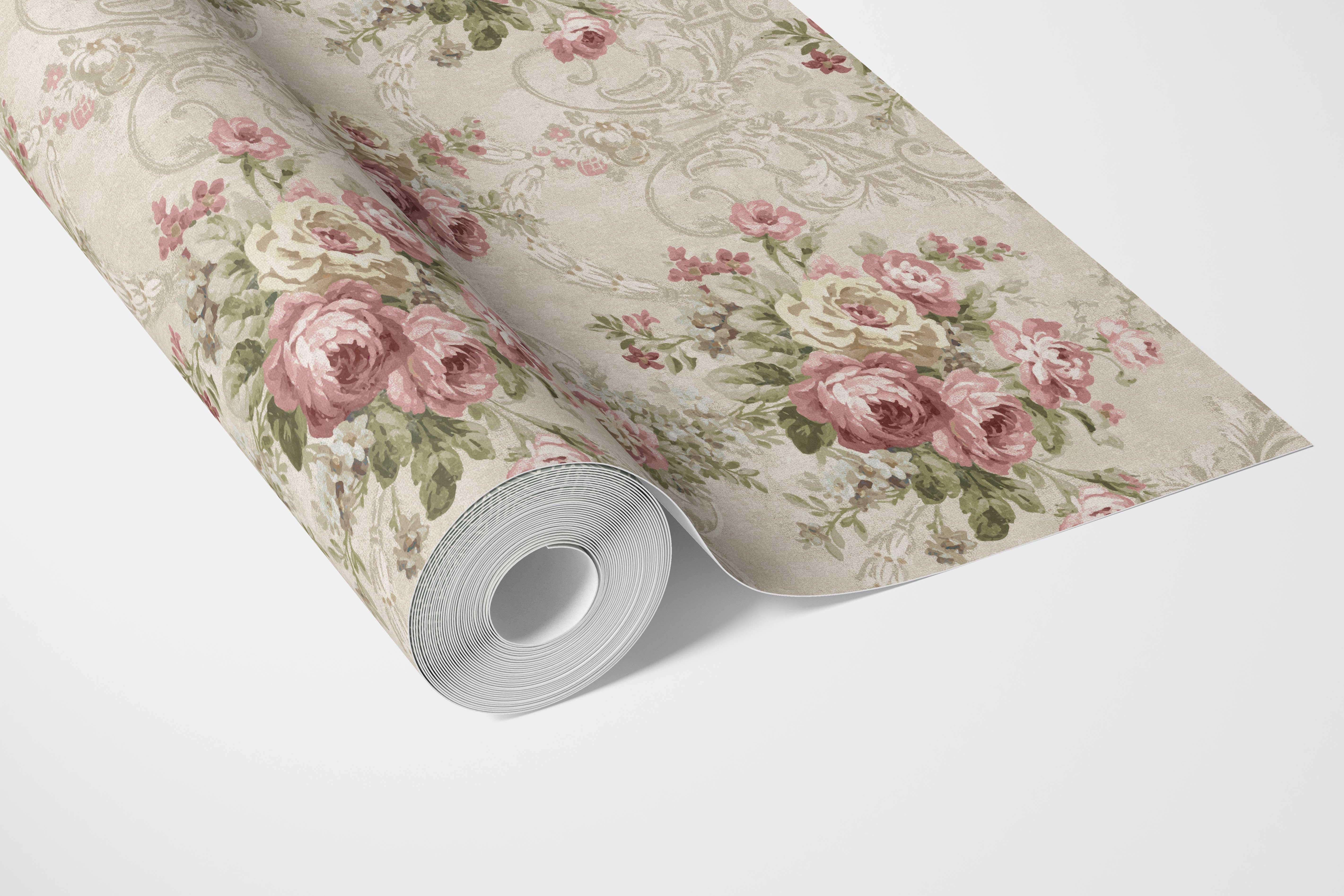 Floral Damask Patterned Bathroom Wallpaper Sample (Beige/ Pink/ Green)