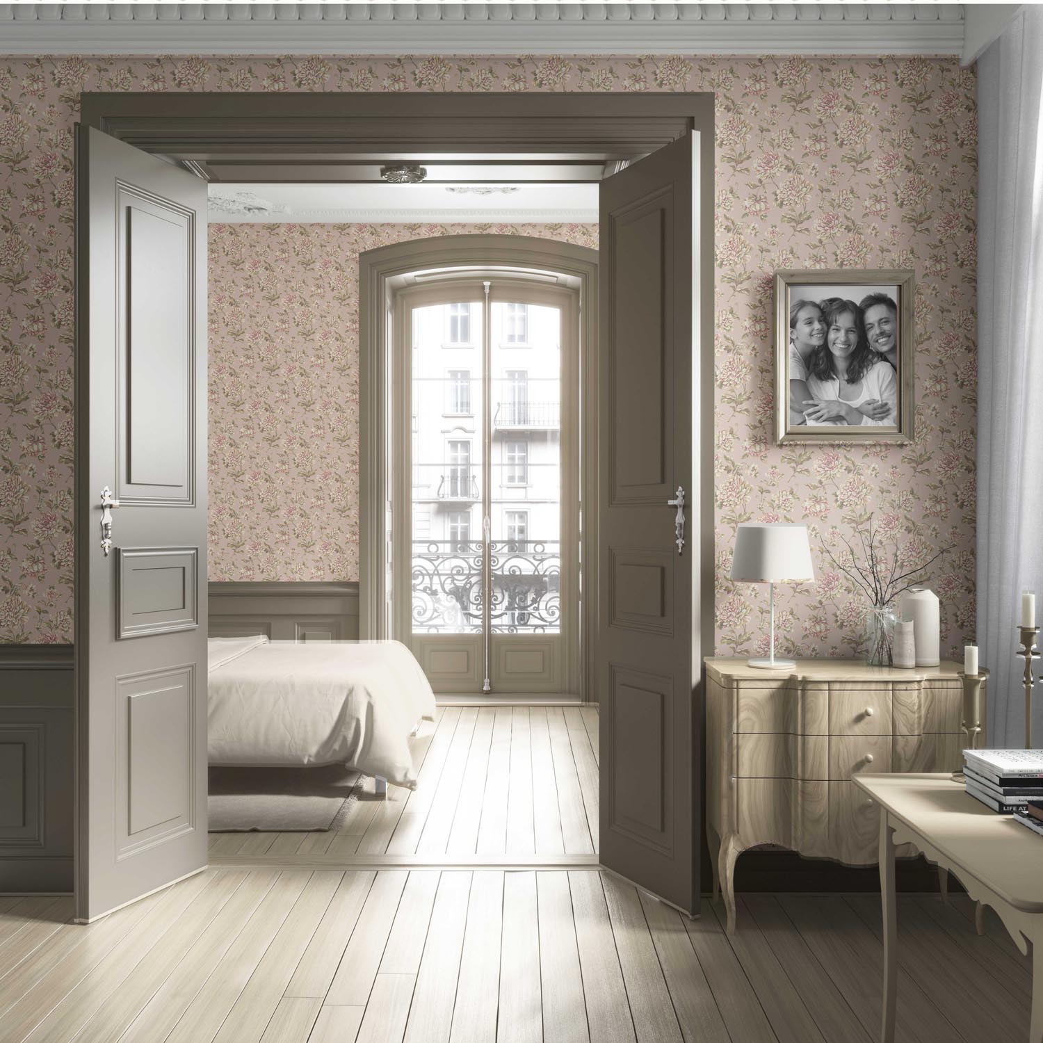Chinoiserie/ English Floral Living Room Wallpaper (Light Pink/ Peach/ Cream/ Green)