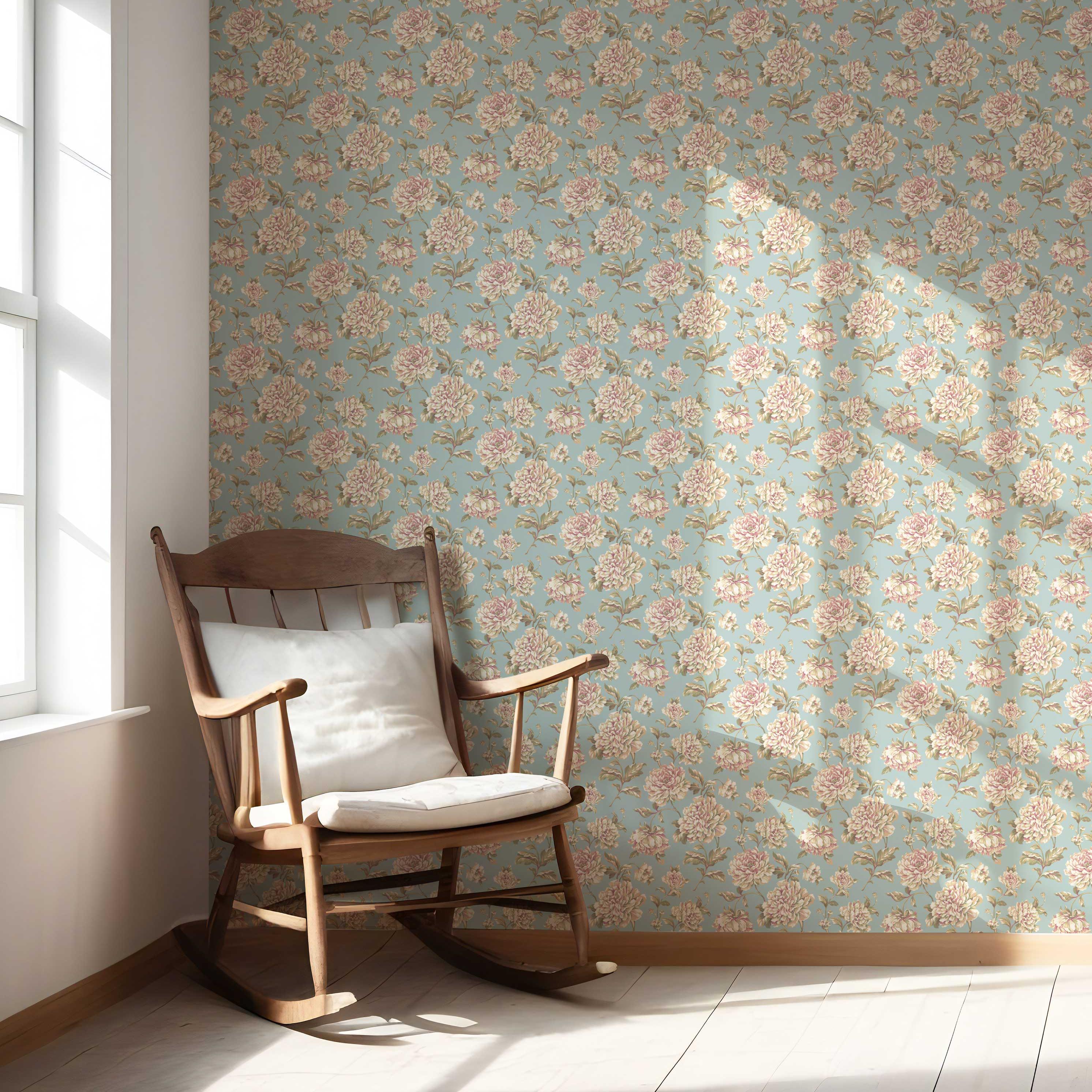Chinoiserie/ English Floral Nursery Wallpaper Sample (Blue/ Cream/ Beige/ Pink/ Green)