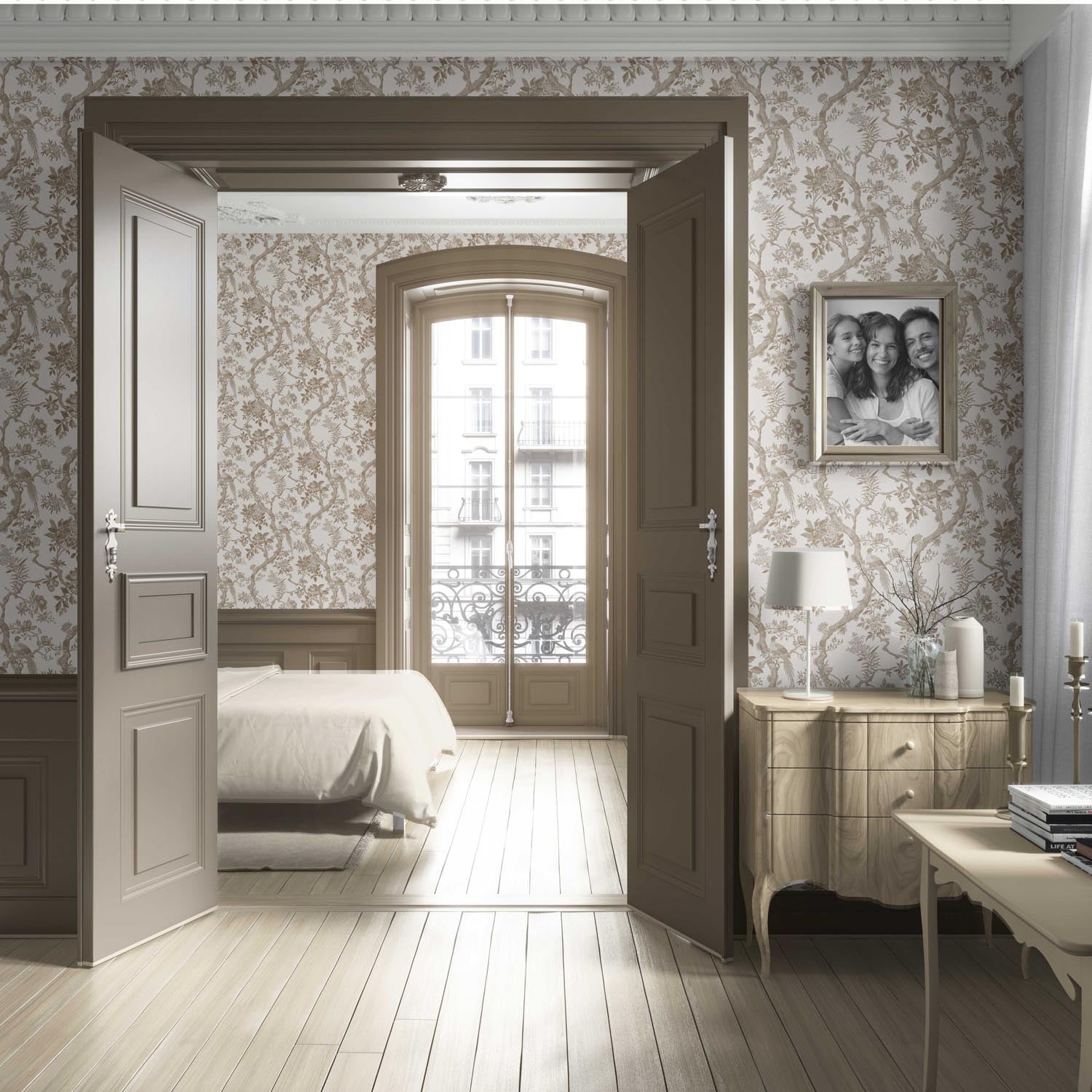 Floral Toile/ Bird Print Chinoiserie Living Room Wallpaper Sample (Beige/ Taupe/ Brown)