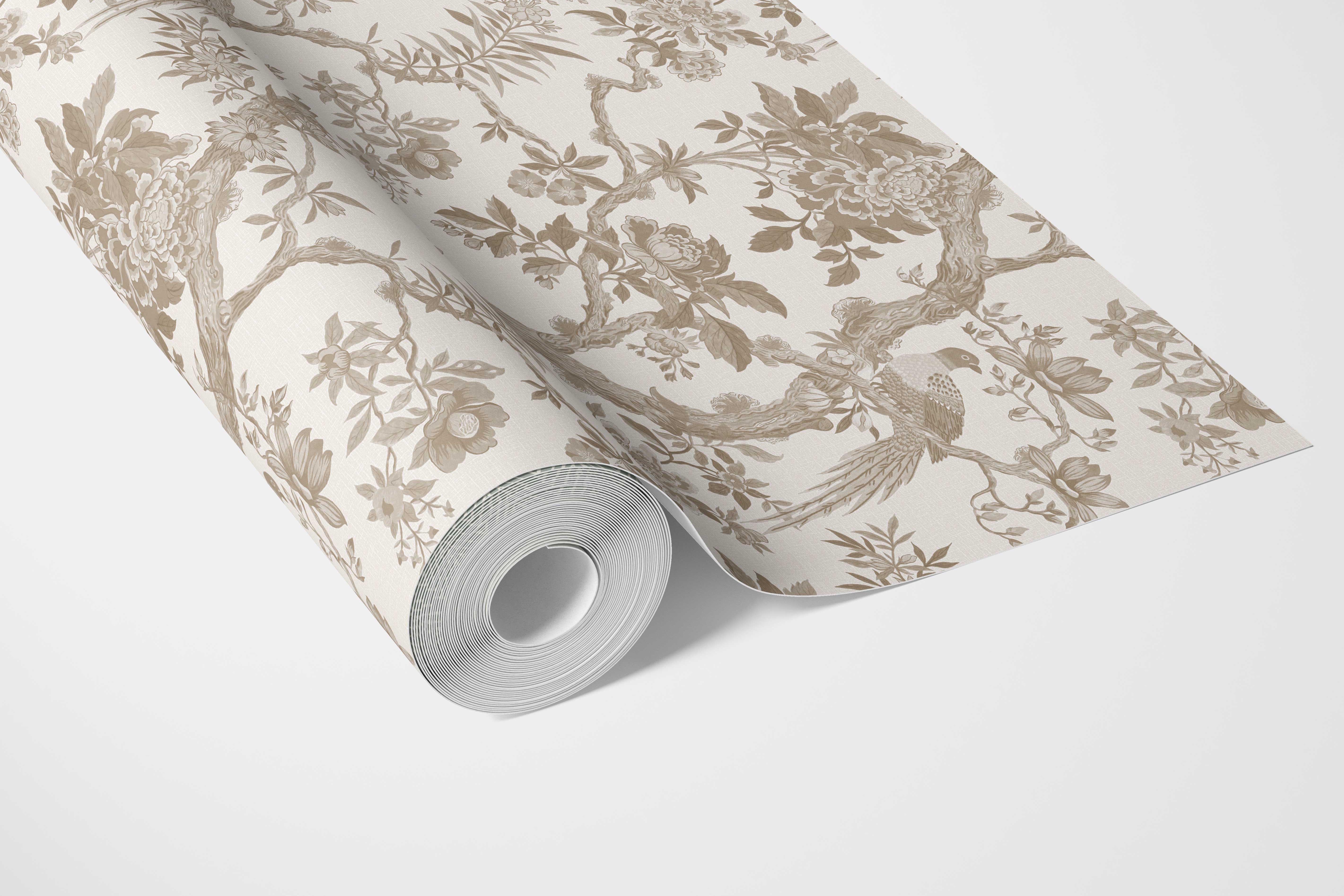 Floral Toile/ Bird Print Chinoiserie Bathroom Wallpaper (Beige/ Taupe/ Brown)