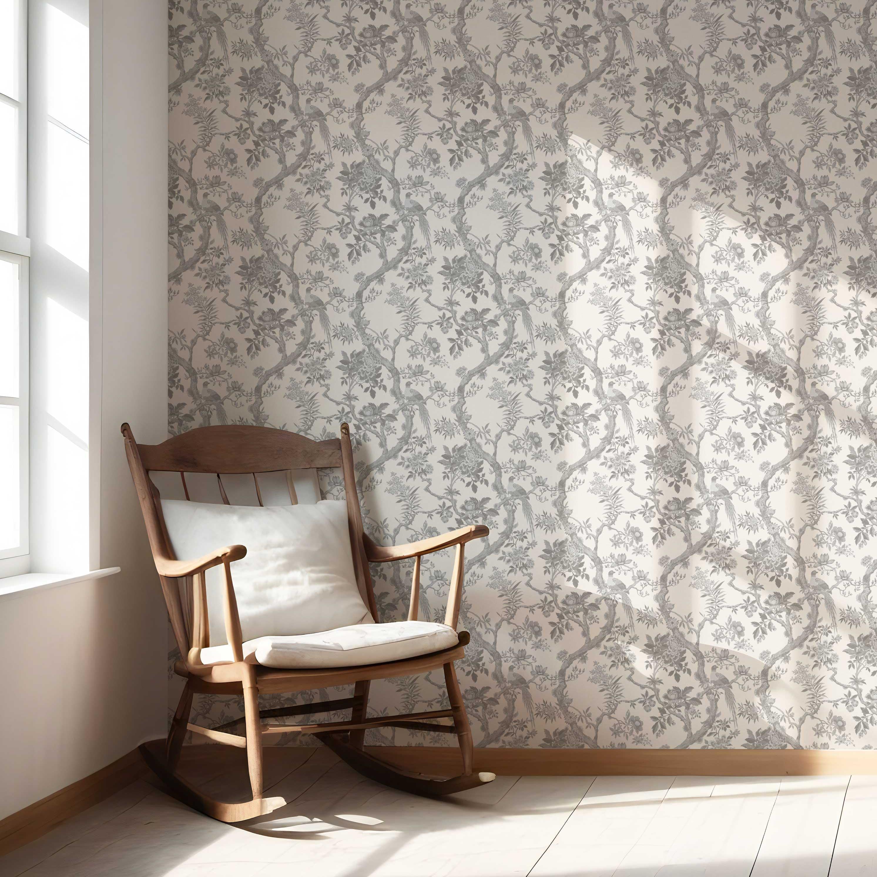 Floral Toile/ Bird Print Chinoiserie Nursery Wallpaper (Dove Gray/ Off-White)