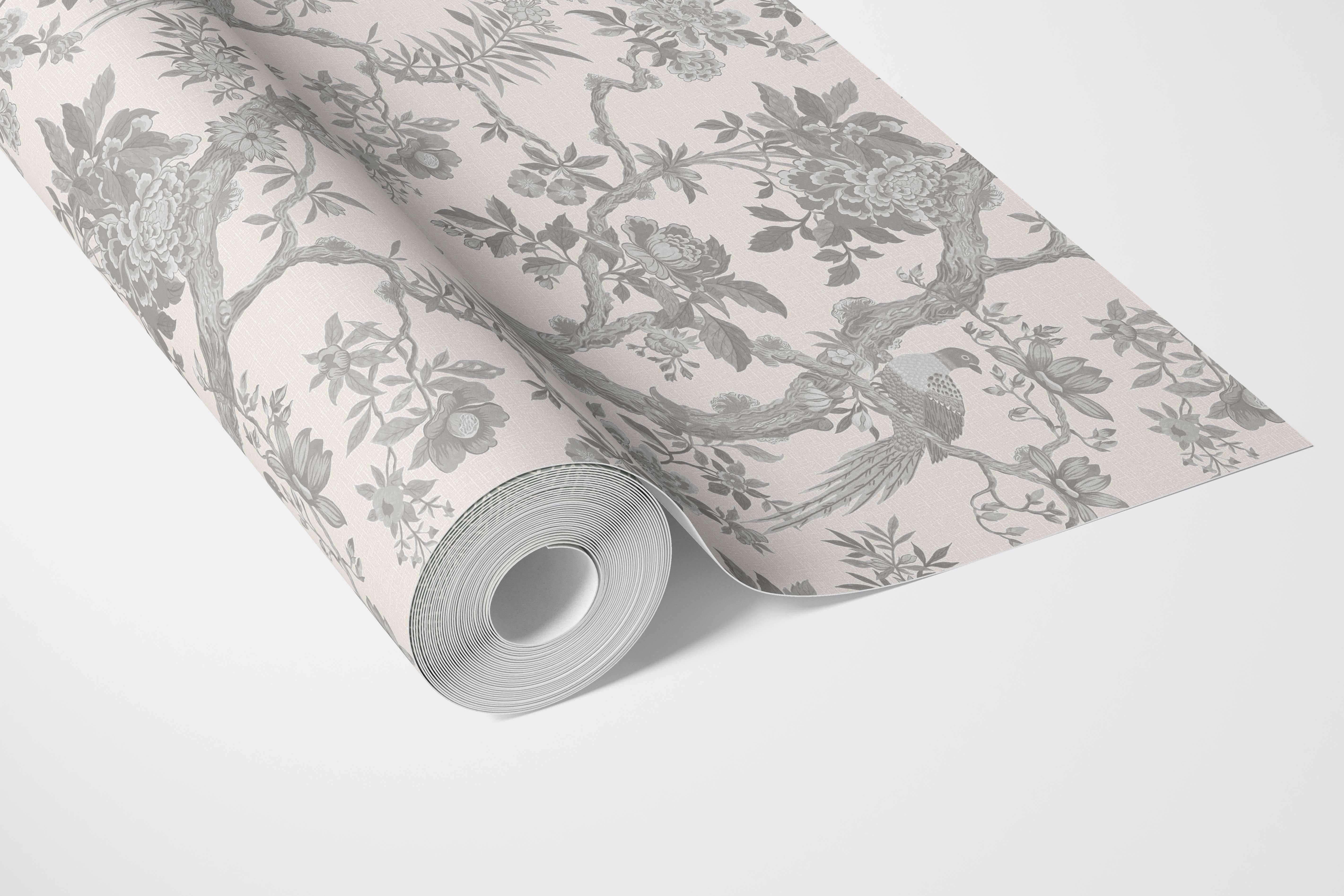 Floral Toile/ Bird Print Chinoiserie Bathroom Wallpaper Sample (Dove Gray/ Off-White)