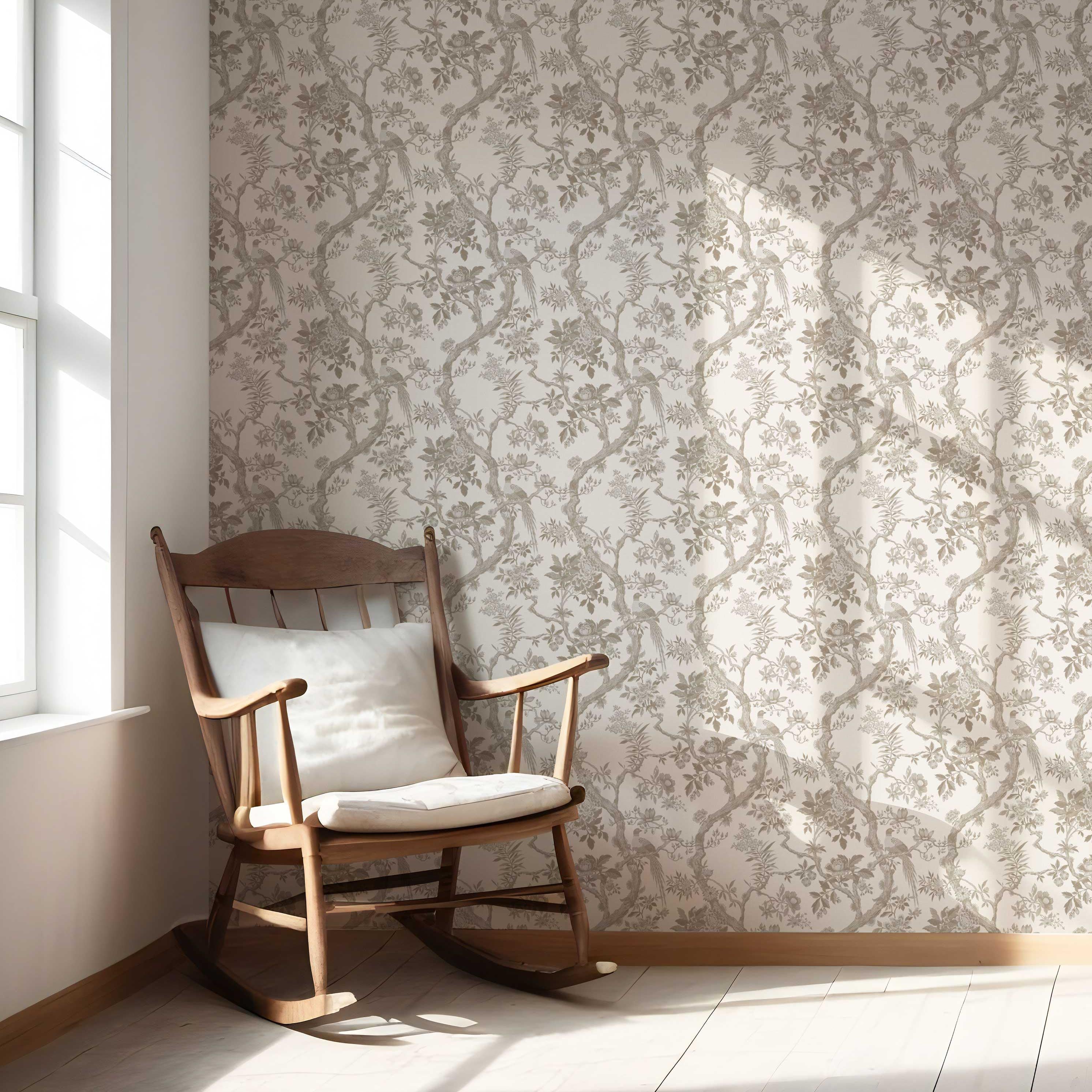 Floral Toile/ Bird Print Chinoiserie Nursery Wallpaper Sample (Brown/ Beige/ Taupe)
