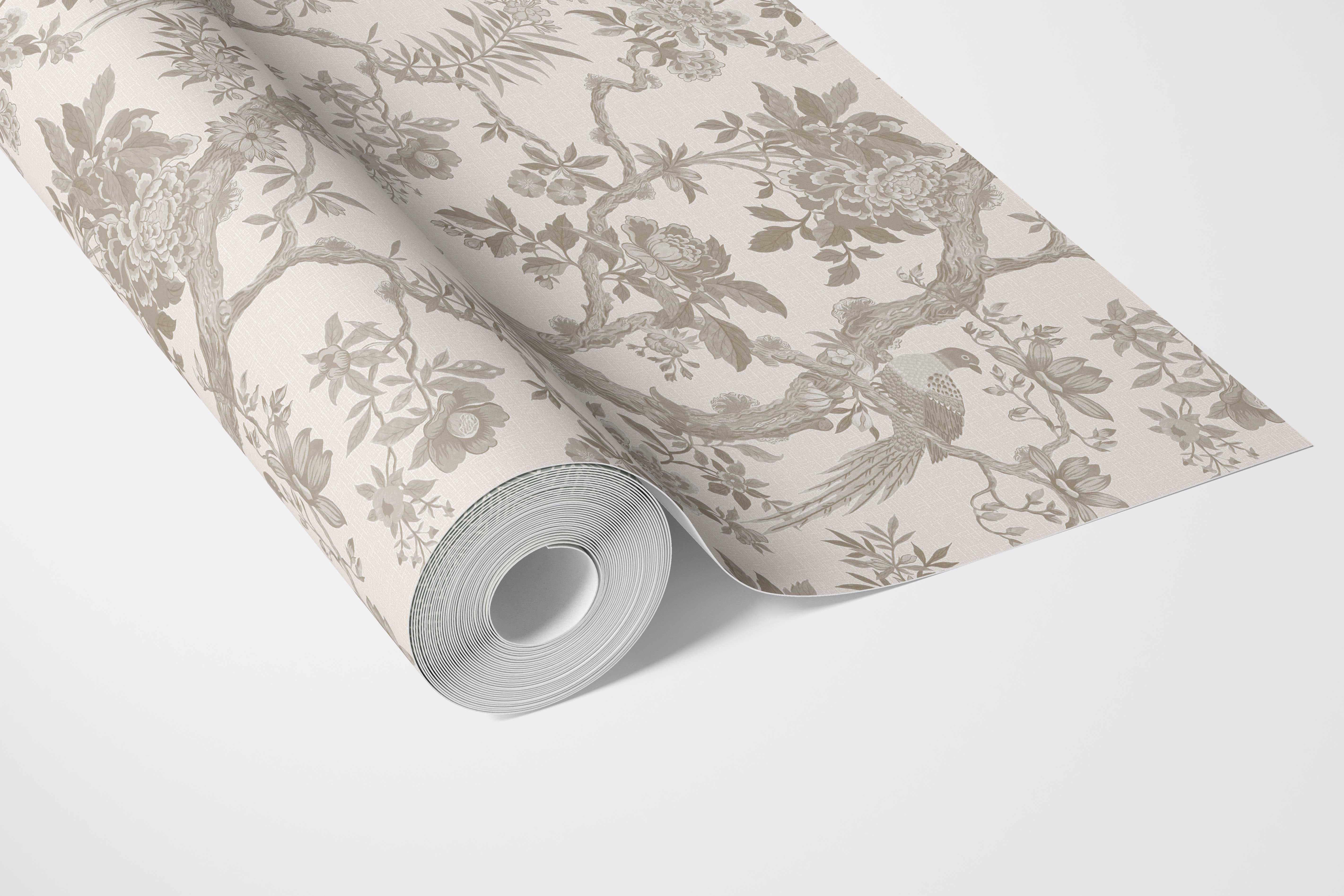 Floral Toile/ Bird Print Chinoiserie Bathroom Wallpaper Sample (Brown/ Beige/ Taupe)
