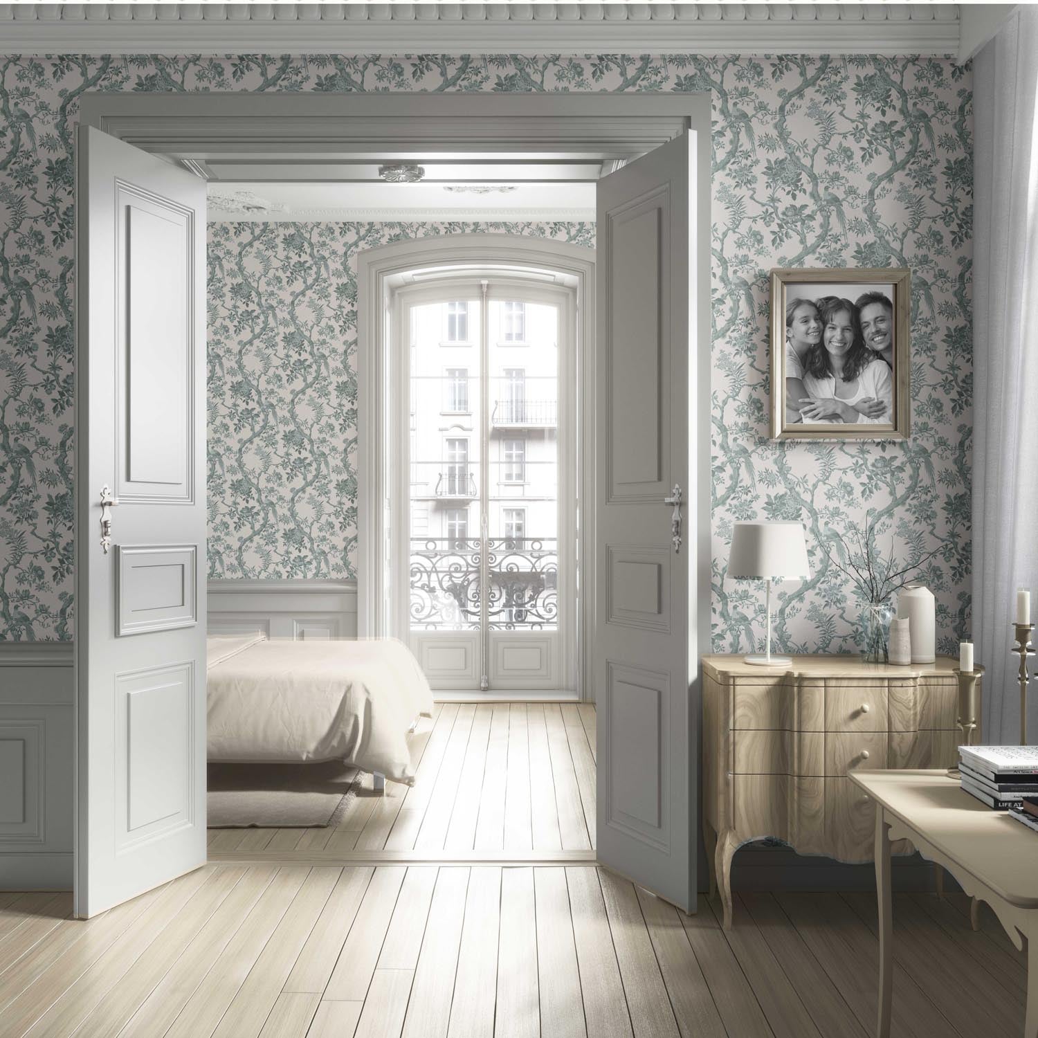 Floral Toile/ Bird Print Chinoiserie Living Room Wallpaper (Gray-Green)